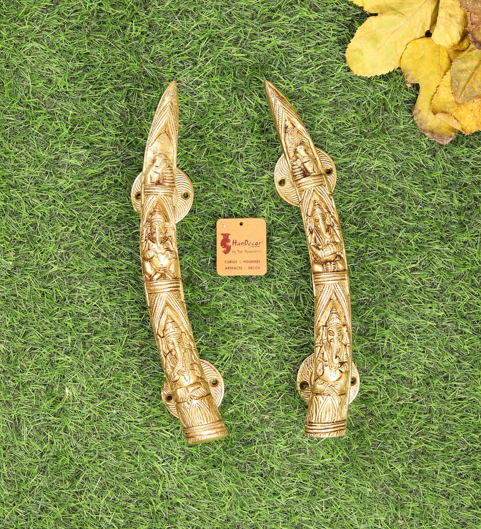 Handcrafted Brass Tuskar Style Ganesha Door Handles - Set of 2 - Elegant Indian Home Decor for Bedroom & Living Room Doors