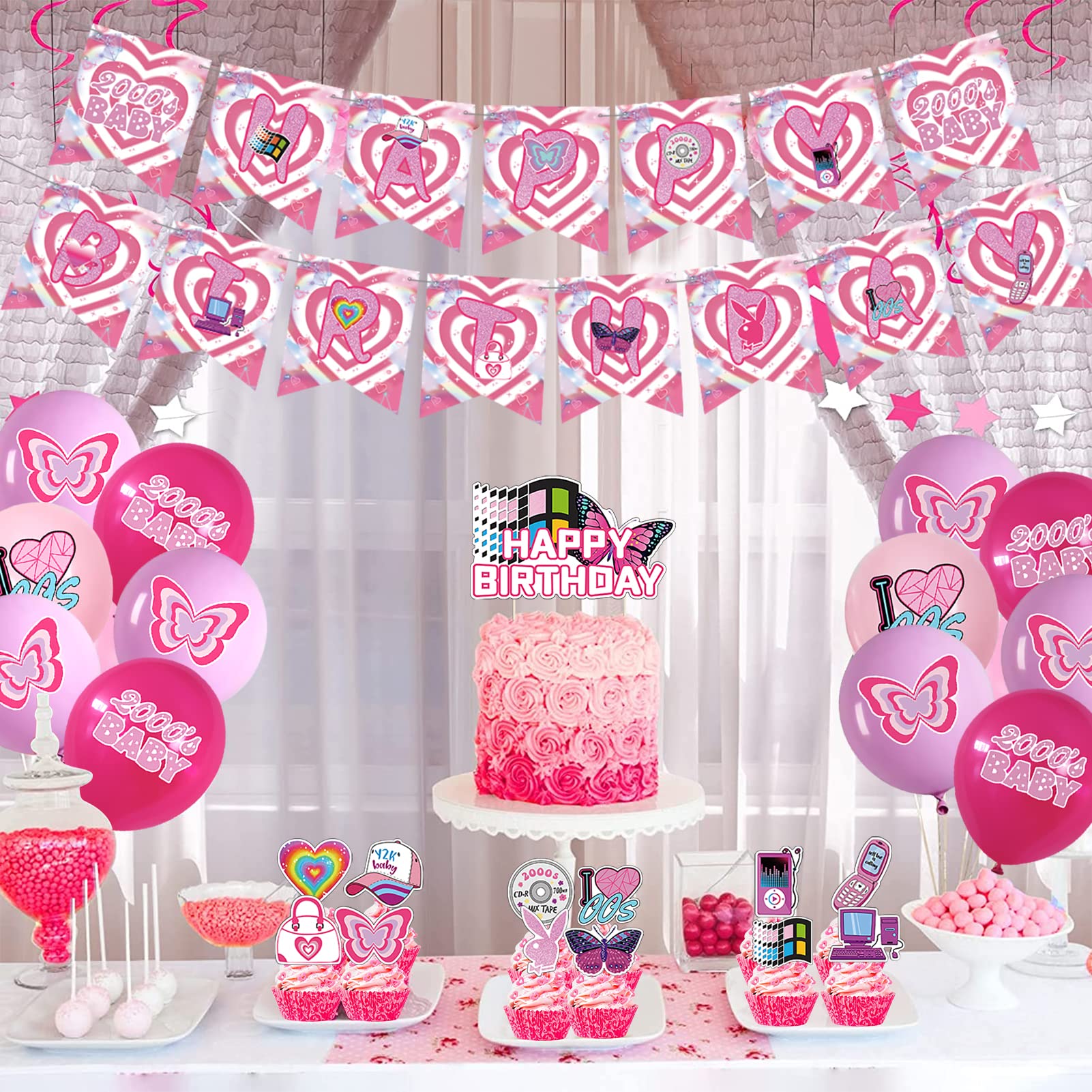 Y2K Early 2000s Party Decorations Set - Pink Retro Party Supplies with Birthday Banner, I Love 00's Balloons, Cake Topper & Cupcake Picks for 2000s Themed Parties, Baby Showers & Nostalgic Celebrations