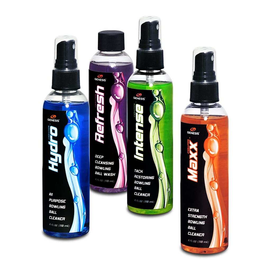 Genesis Bowling Evolution Assorted Cleaners - 12 Pack of 4oz Bottles for Bowling Balls, Shoes & Accessories | Multi-Surface Cleaning Solution for Pro & Casual Bowlers