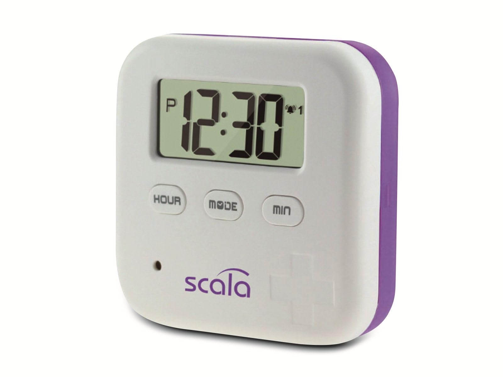Scala 4-Compartment Pill Box with Timer - 5 Alarms, White | Perfect for Daily Medication & Vitamin Organizer for Travel, Home & Office Use