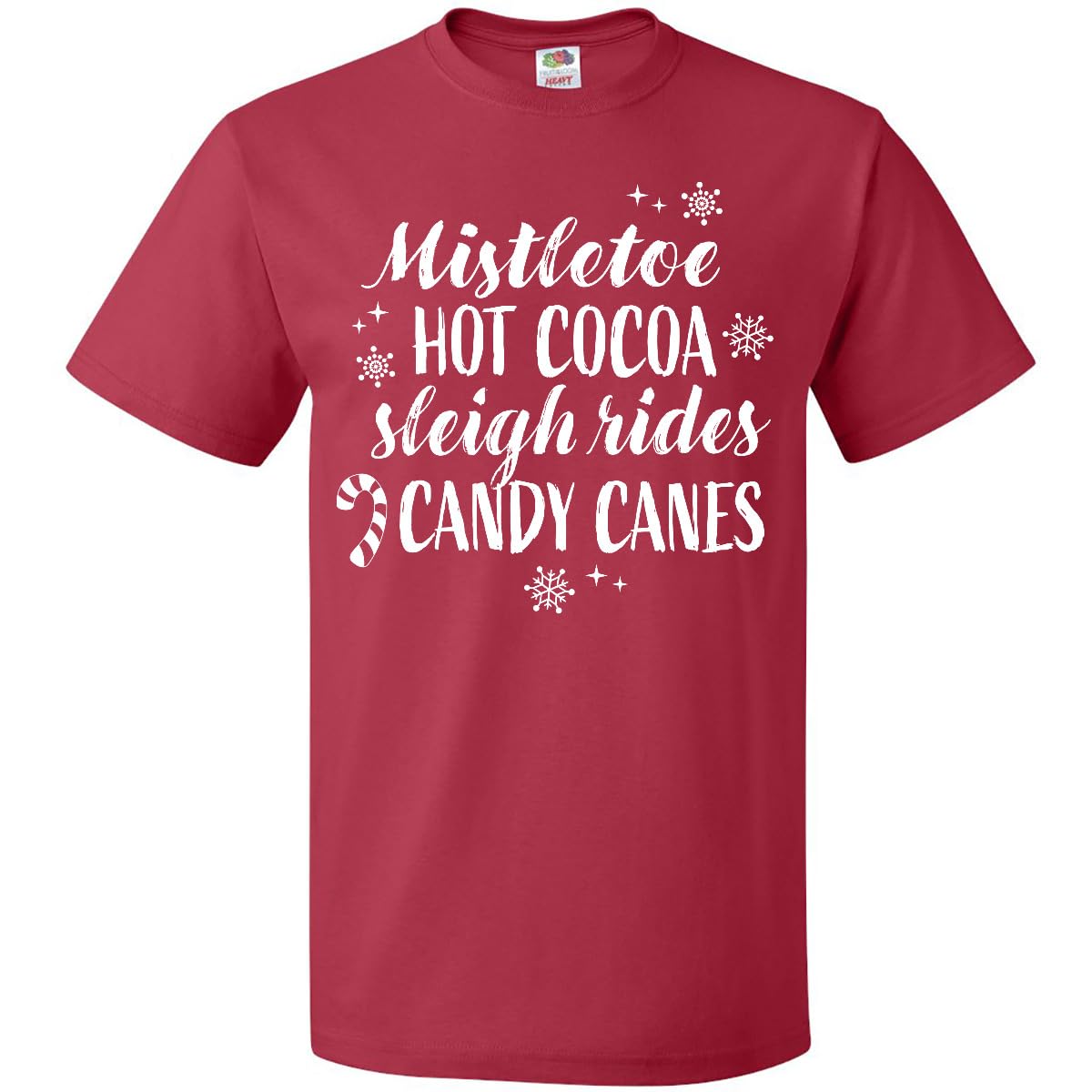 Inktastic Christmas Mistletoe Hot Cocoa Sleigh Rides & Candy Adult T-Shirt | Holiday Party, Family Gathering & Winter Gift Idea