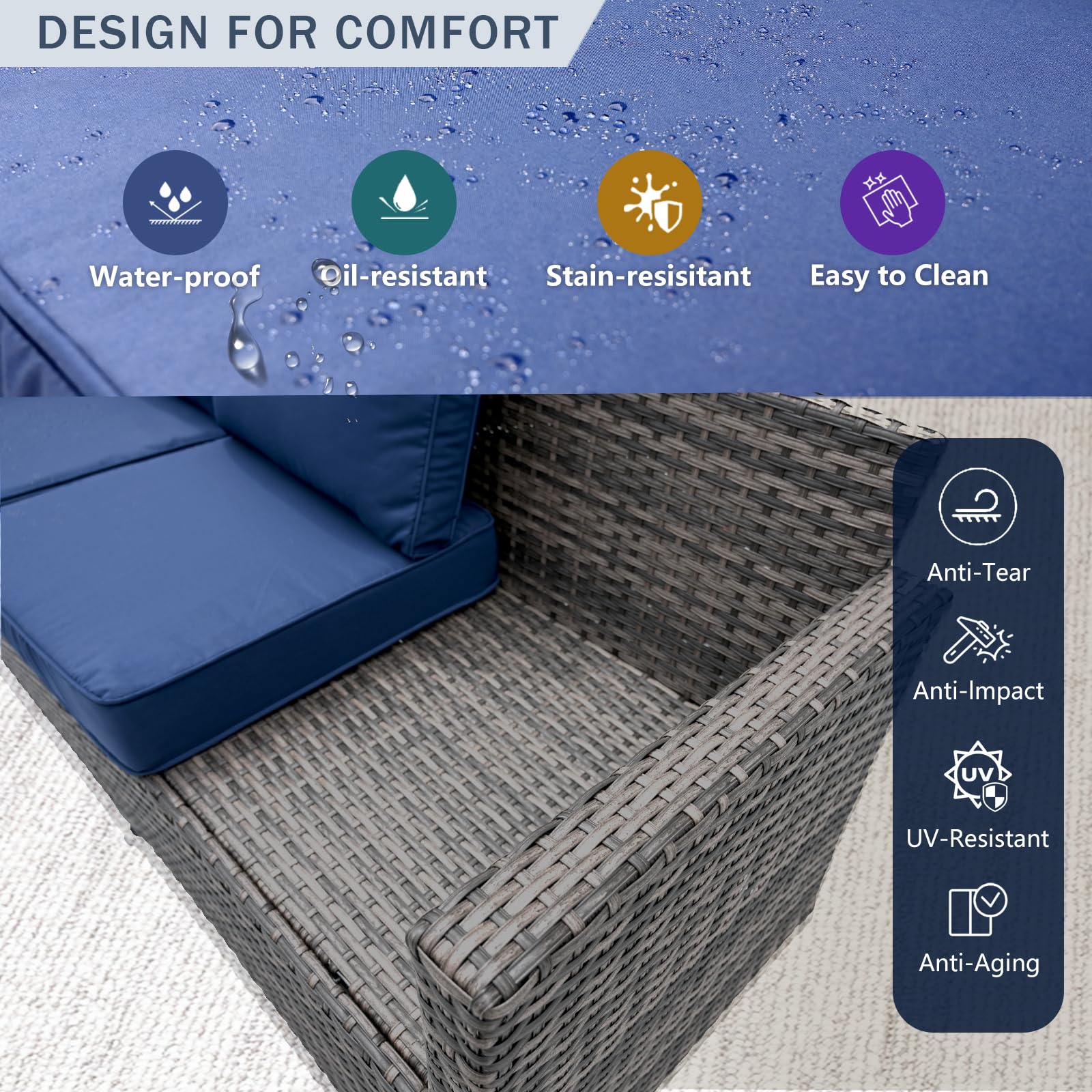 7-Piece Outdoor Patio Furniture Set - PE Rattan Sectional Sofa with Thick Cushions & Coffee Table - Waterproof Navy Blue Conversation Set for Garden, Poolside, Backyard & Balcony