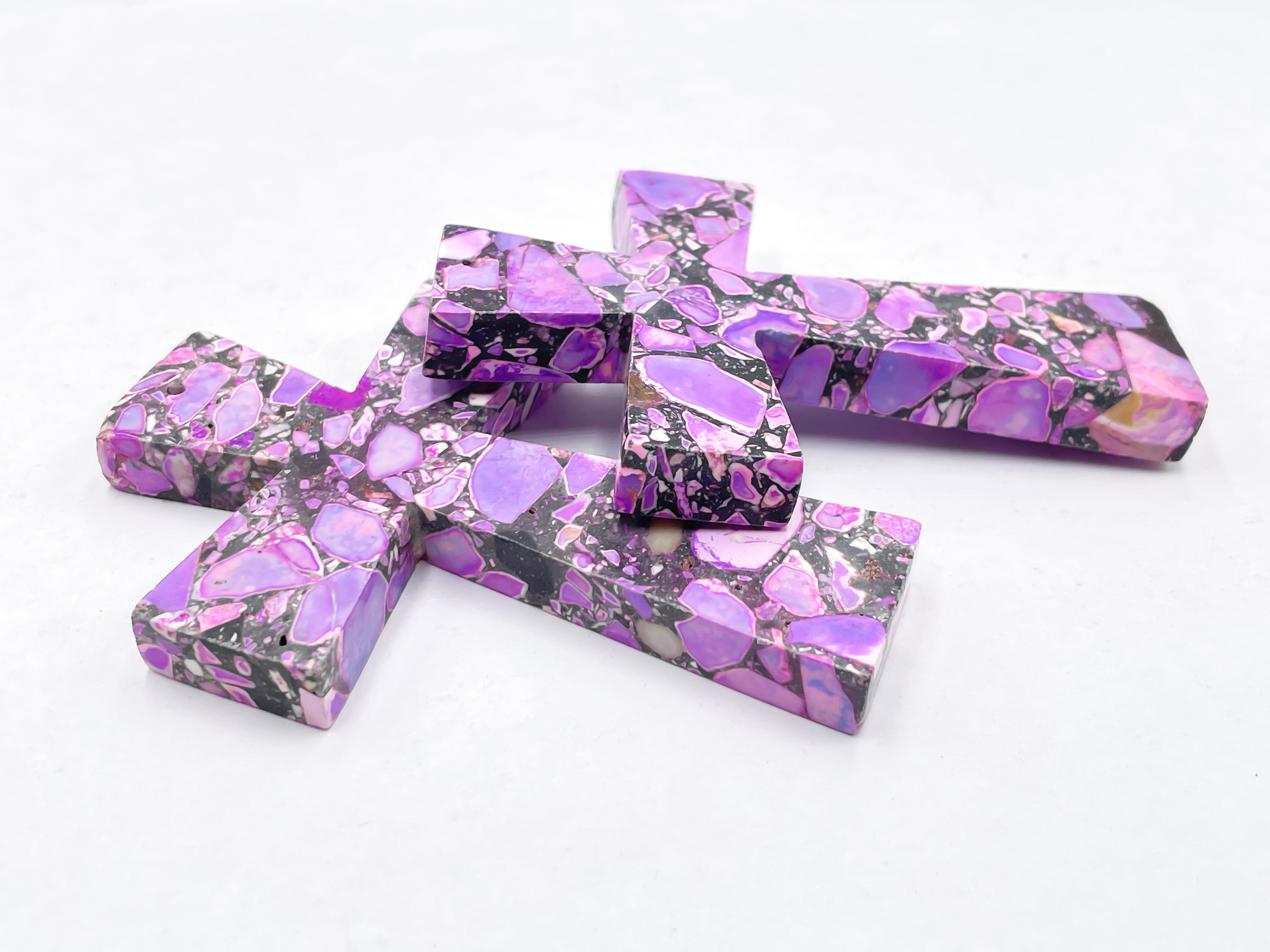 Natural Stone Composite Purple Turquoise Cross Pendant Necklace - 58x85mm Handmade Jewelry for Women - Perfect for Gifts, Boho Style & Spiritual Occasions