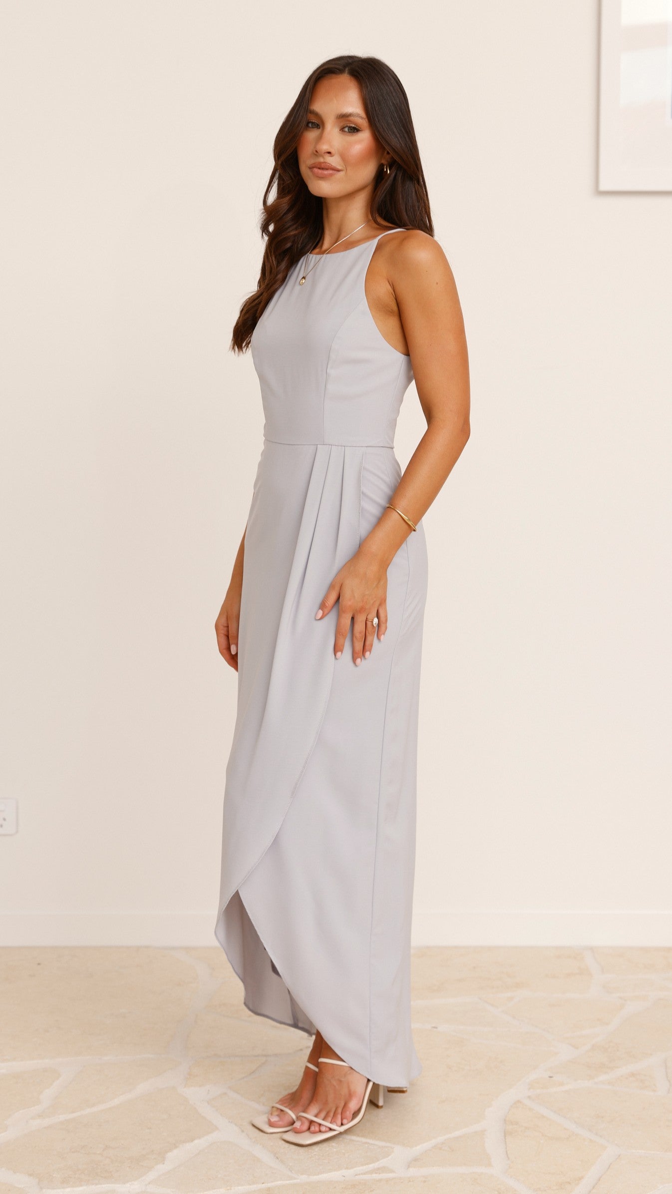 Elegant Genevieve Boat Neck Maxi Dress in Light Grey - Perfect for Weddings, Parties & Summer Vacations