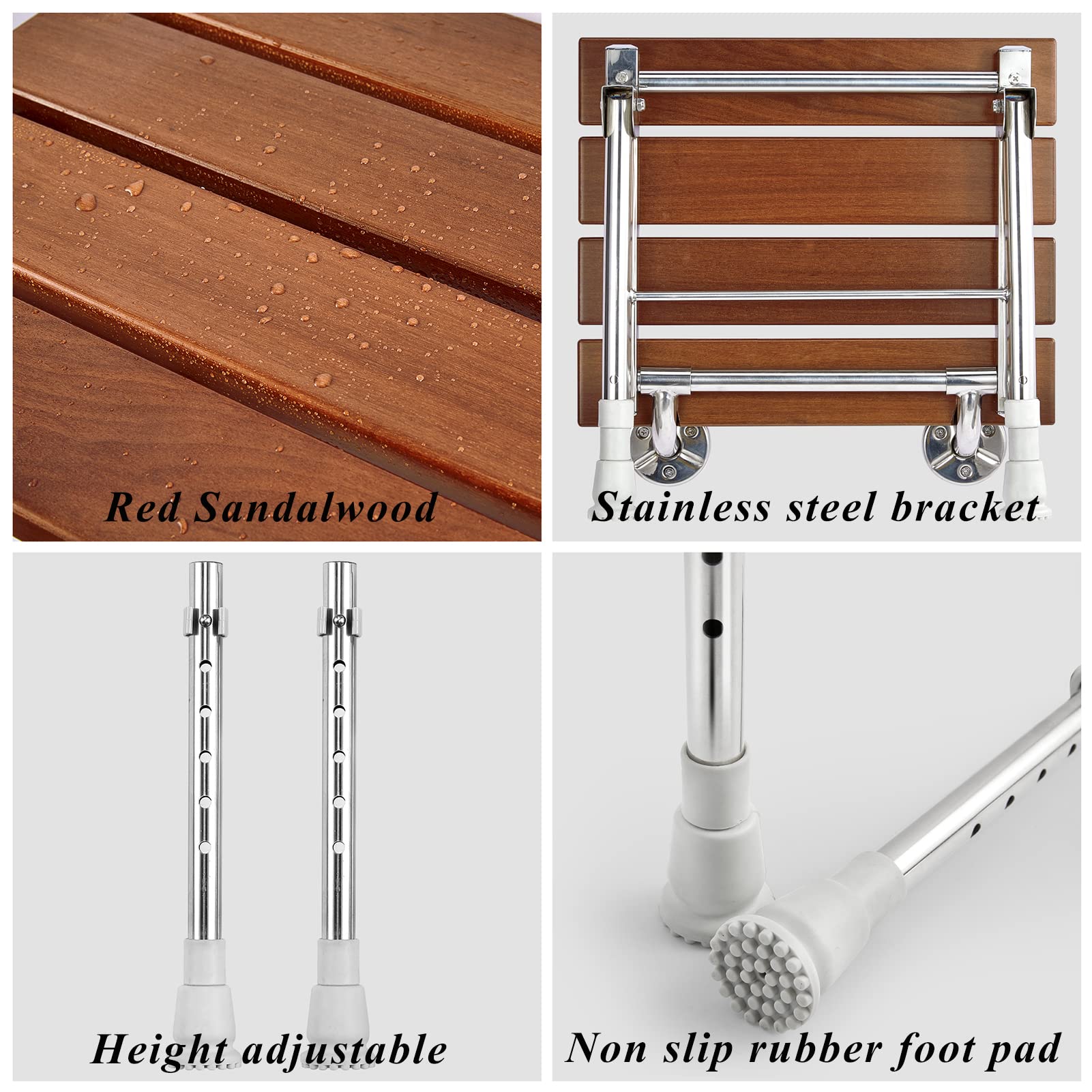 Foldable Wall-Mounted Shower Seat with Adjustable Height - Waterproof Wooden Shower Bench for Seniors & Small Spaces - Ideal for Bathroom Safety, Elderly Care, and Compact Shower Areas