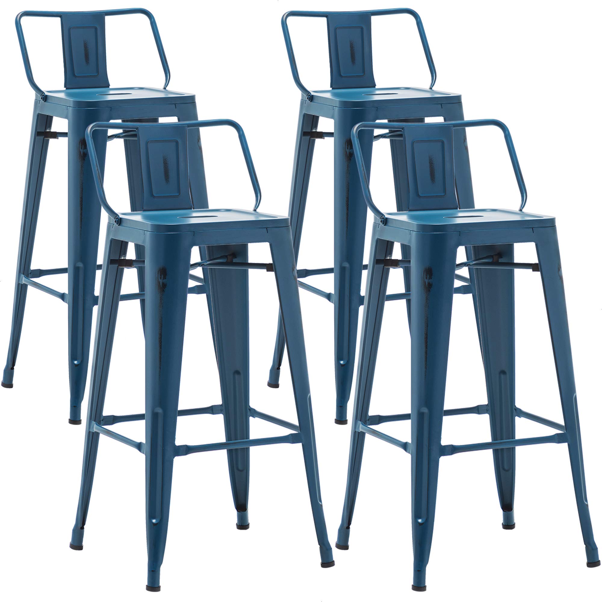 AKLAUS Industrial Metal Bar Stools Set of 4 - 30 Inch Bar Height Stools with Back, Distressed Navy Blue - Modern Kitchen & Dining Chairs for Indoor/Outdoor Use - Perfect for Home Bars, Kitchen Islands & Patio Decor