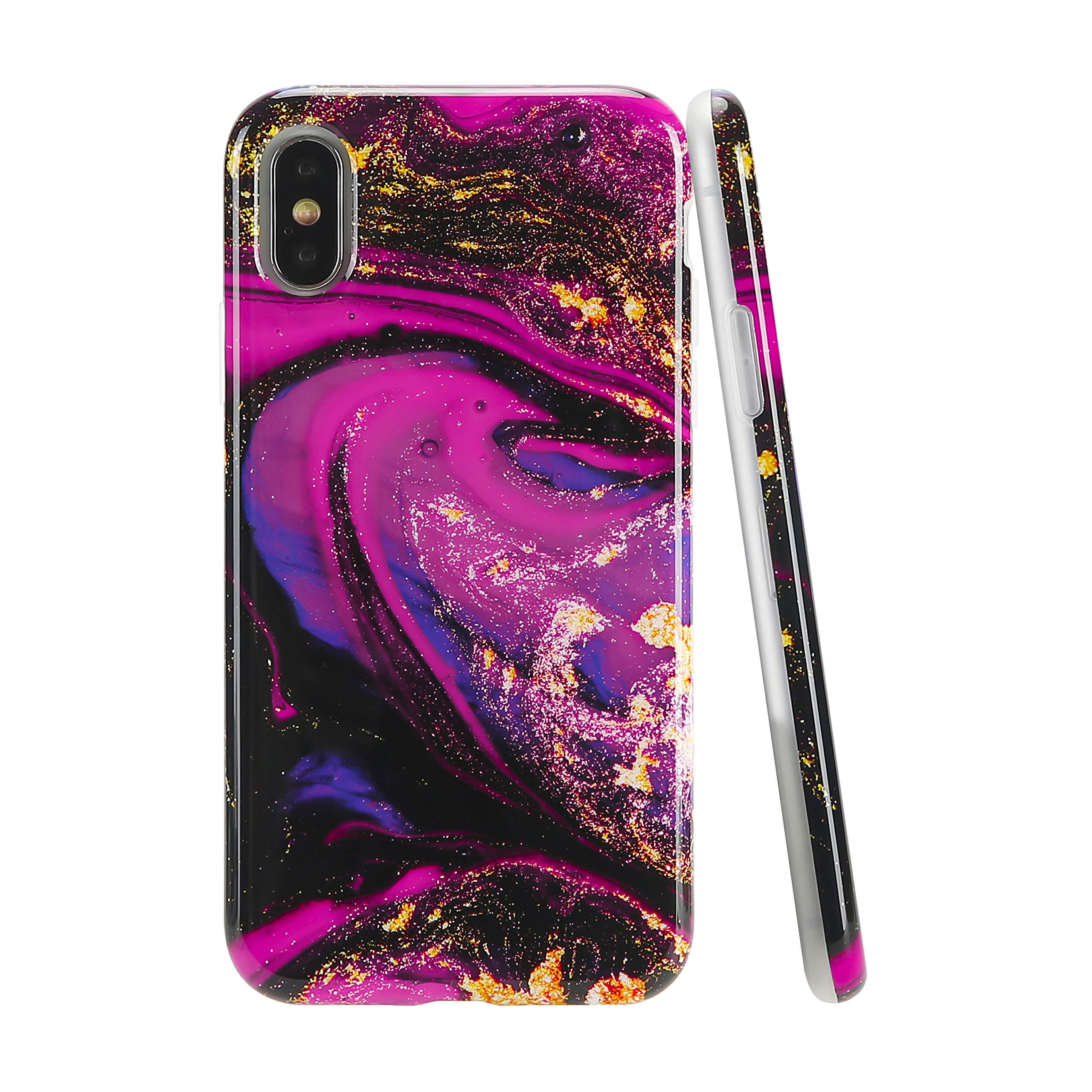 SunshineCases Marble iPhone Xs/X Case - Slim, Cute & Protective Phone Cover for Women | Easy Grip Fuchsia & Gold Geode Design | Perfect for Everyday Use, Work & Travel