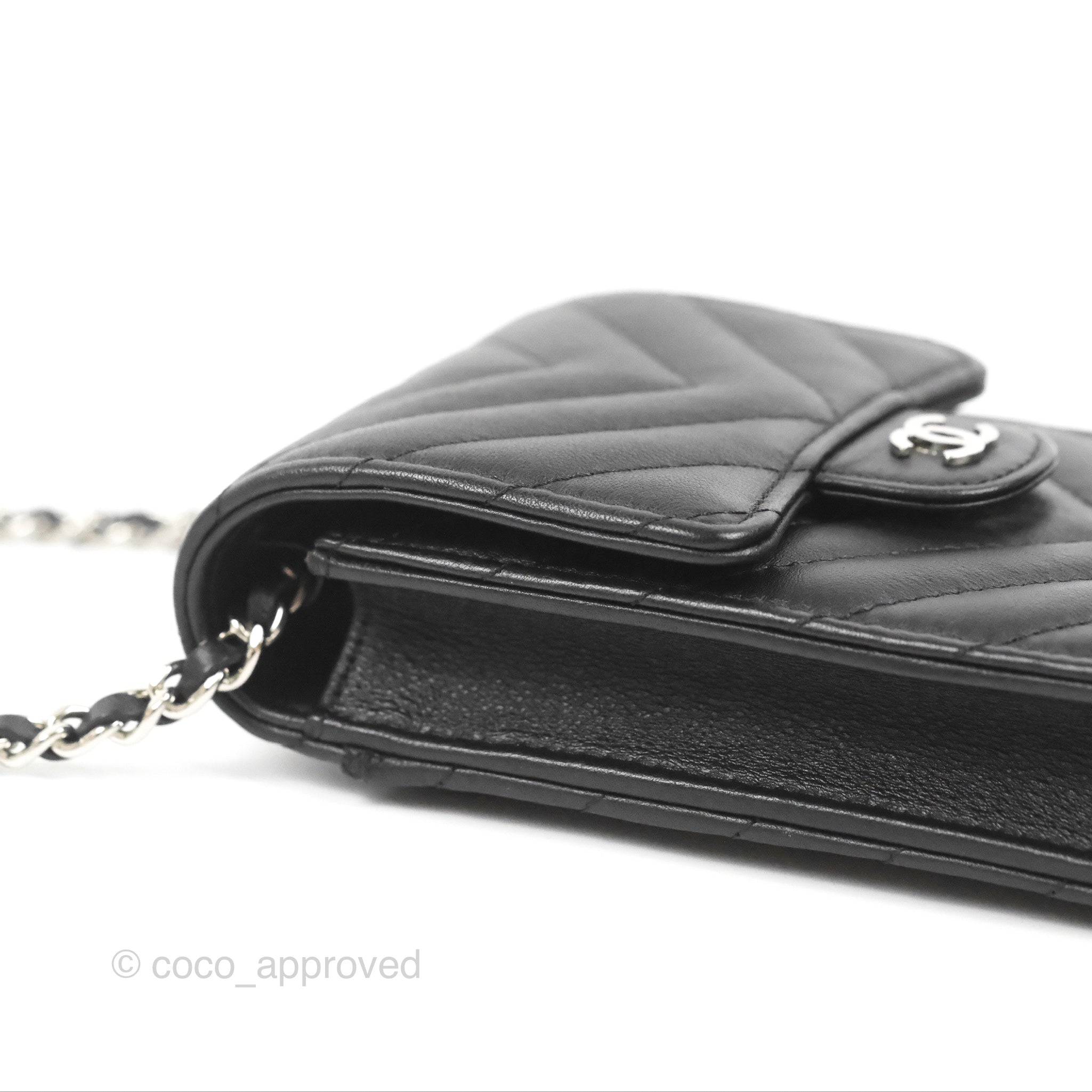 Chanel Classic Chevron Phone Holder - Black Calfskin with Silver Hardware | Luxury Phone Accessory for iPhone & Samsung | Perfect for Office, Travel & Daily Use