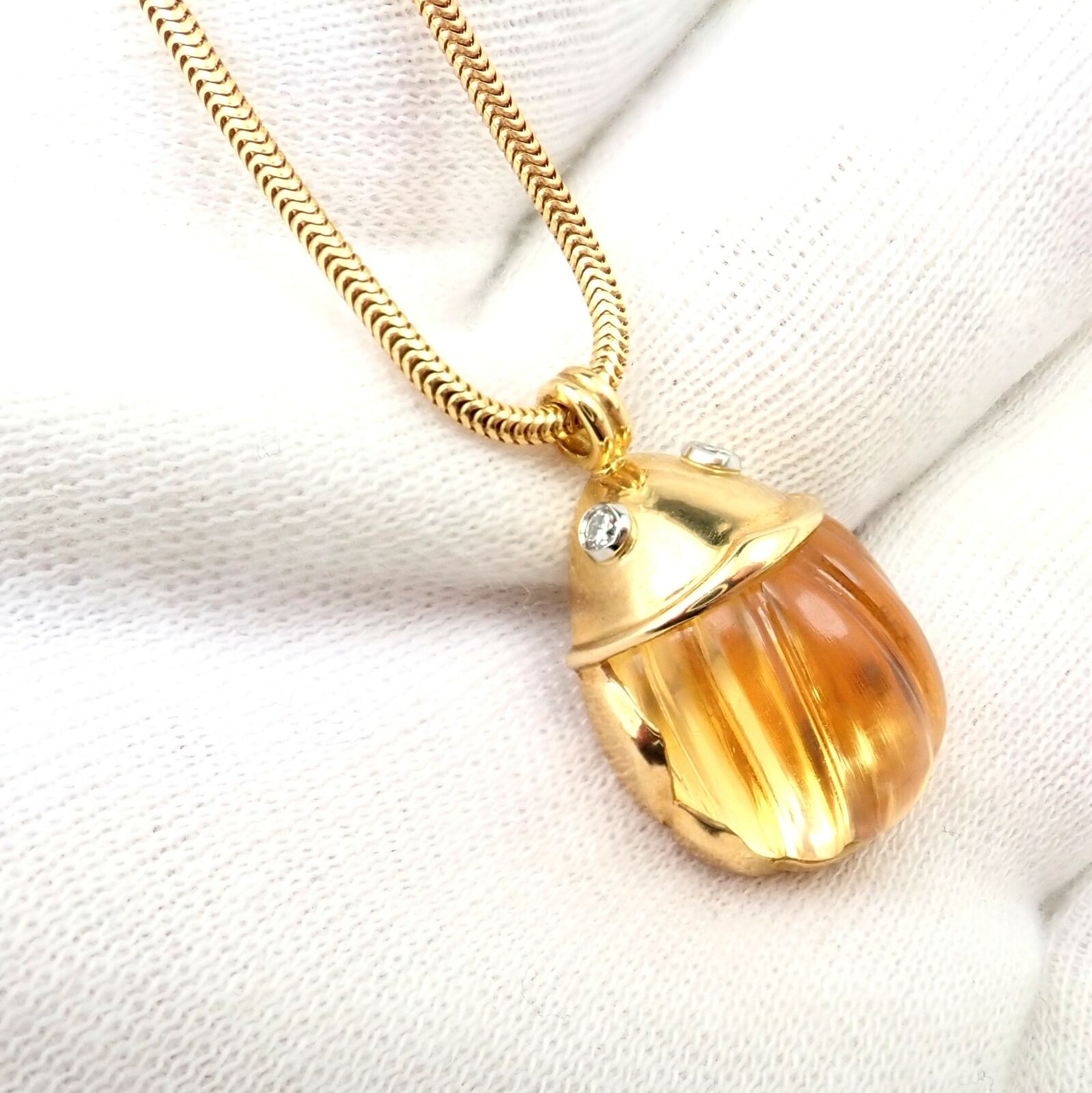 Tiffany & Co Platinum 18k Gold Carved Citrine Diamond Scarab Necklace - Vintage Luxury Jewelry for Women, Perfect for Weddings, Anniversaries & Special Occasions