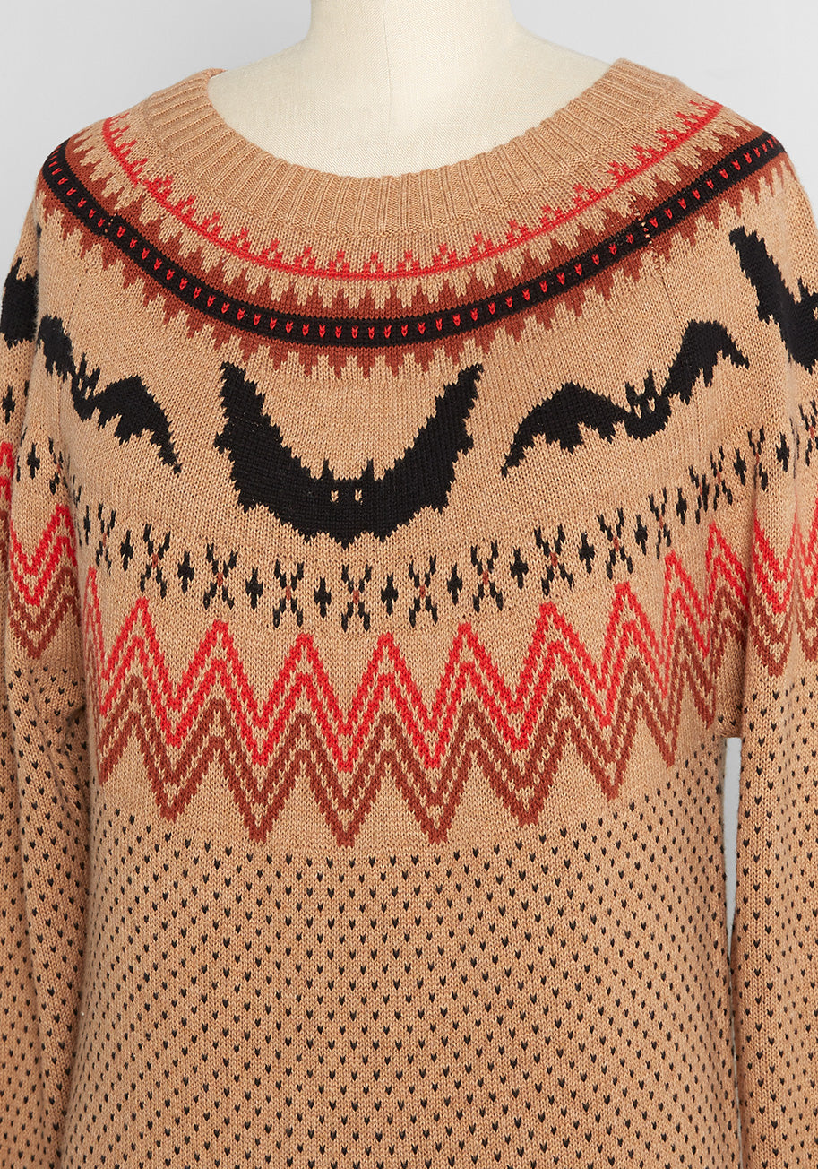 Stylish Fair Isle Bat Print Sweater for Men & Women - Cozy Winter Knitwear for Casual Outings & Holiday Parties