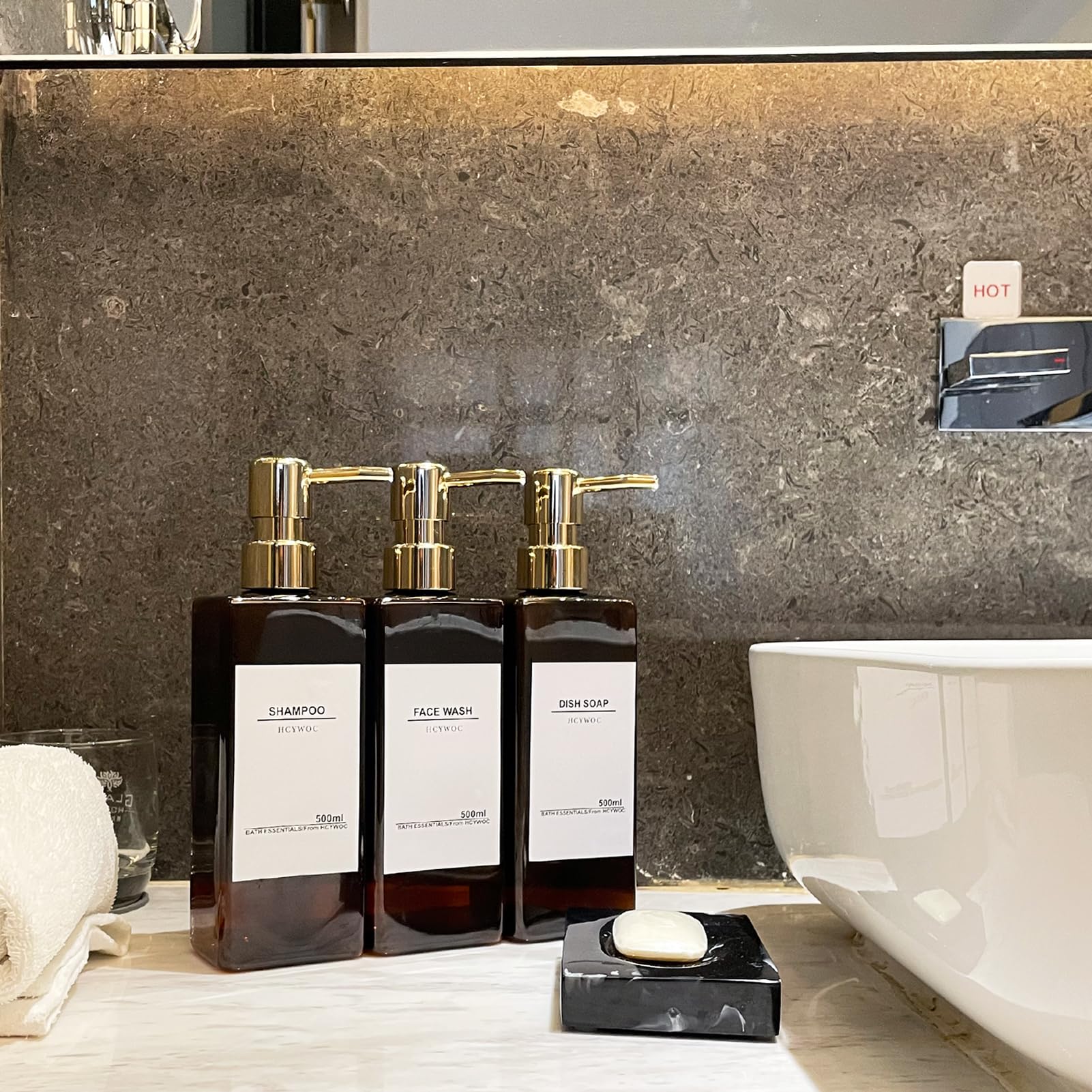 Wall Mounted Shampoo and Conditioner Dispenser for Shower - 3 Chamber No Drill Bathroom Soap Dispenser with 16 Waterproof Labels, 17oz Capacity in Gold Amber - Perfect for Spa-Like Showers, Guest Bathrooms & Organized Family Bathrooms