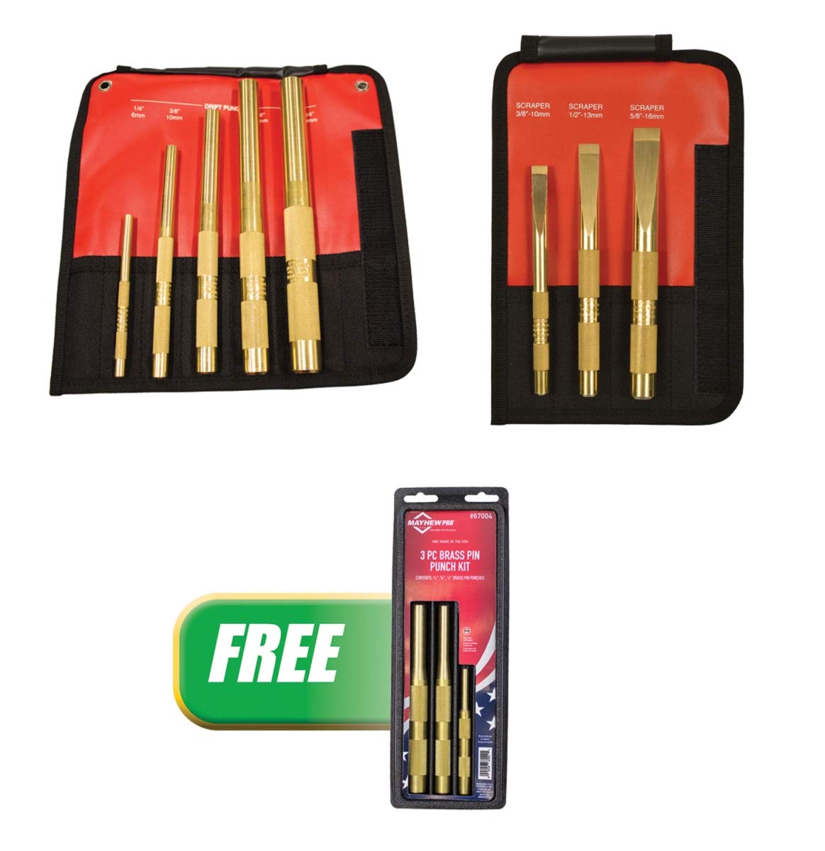 Mayhew Tools MAY-81389 5-Piece Brass Drift Punch Kit & 3-Piece Brass Scraper Kit with 3-Piece Brass Pin Punch Set - Perfect for Automotive Repair, Metalworking, and DIY Projects