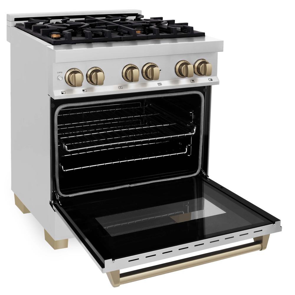ZLINE Autograph Edition 30-inch Stainless Steel Dual Fuel Range & Range Hood Kitchen Package with Champagne Bronze Accents - Professional Gas Stove & Ventilation System for Home Chefs | Ideal for Modern Kitchens, Cooking Enthusiasts & Gourmet Meal Preparation