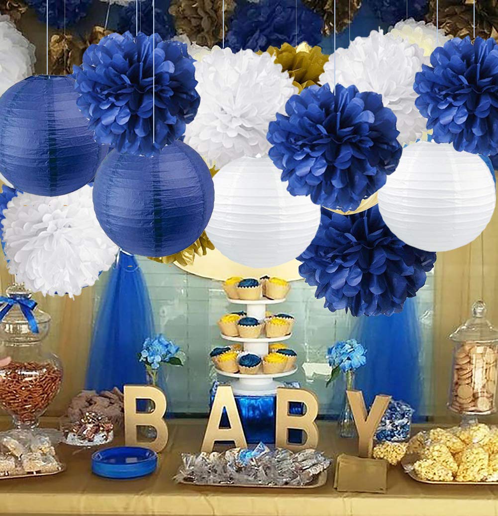 Navy Blue Tissue Paper Pom Poms & Lanterns - Nautical Party Decorations for Baby Showers, Weddings, Birthdays & Nursery Decor | Perfect for Boy Scout Banquets, Bridal Showers & Themed Party Decor