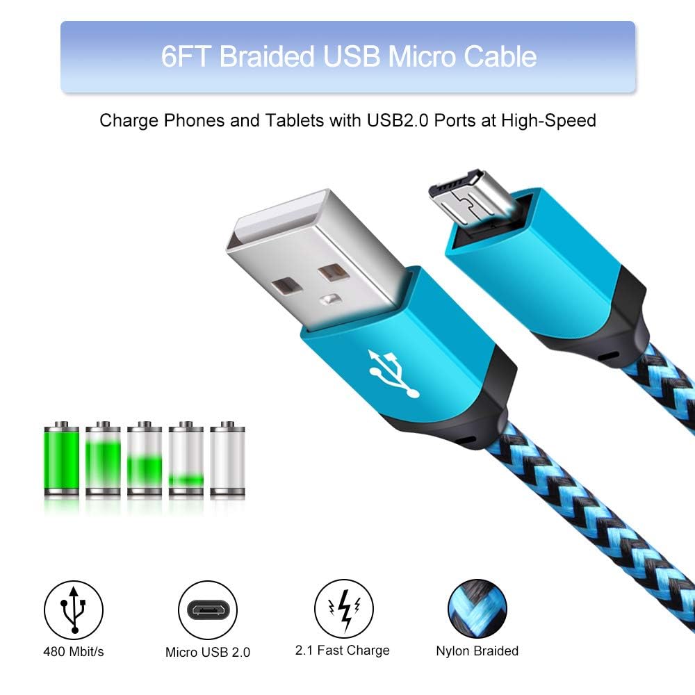 Fast Charging Micro USB Cable & Wall Plug 4-Pack - 6ft Nylon Braided Charger Cord with 1A/5V Power Adapter for Samsung Galaxy S7/S6 Edge/S4/Note 5, Moto G5 Plus/E4/G6 Play, HTC - Perfect for Home, Office & Travel Charging