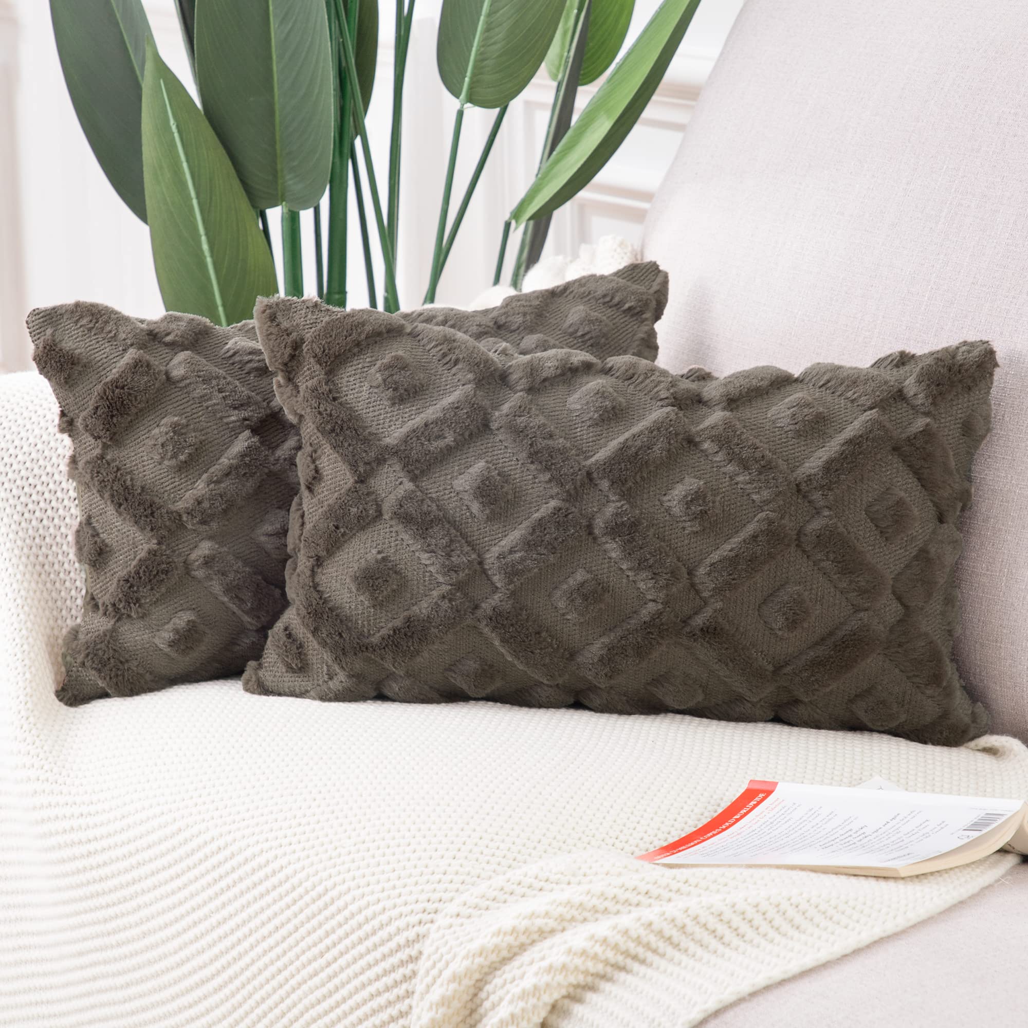 Premium Set of 2 Taupe Plush Wool Throw Pillow Covers 12x20 Inch - Soft Velvet Rectangular Cushion Covers for Sofa, Bed & Living Room Decor | Cozy Home Accessories for Winter Comfort