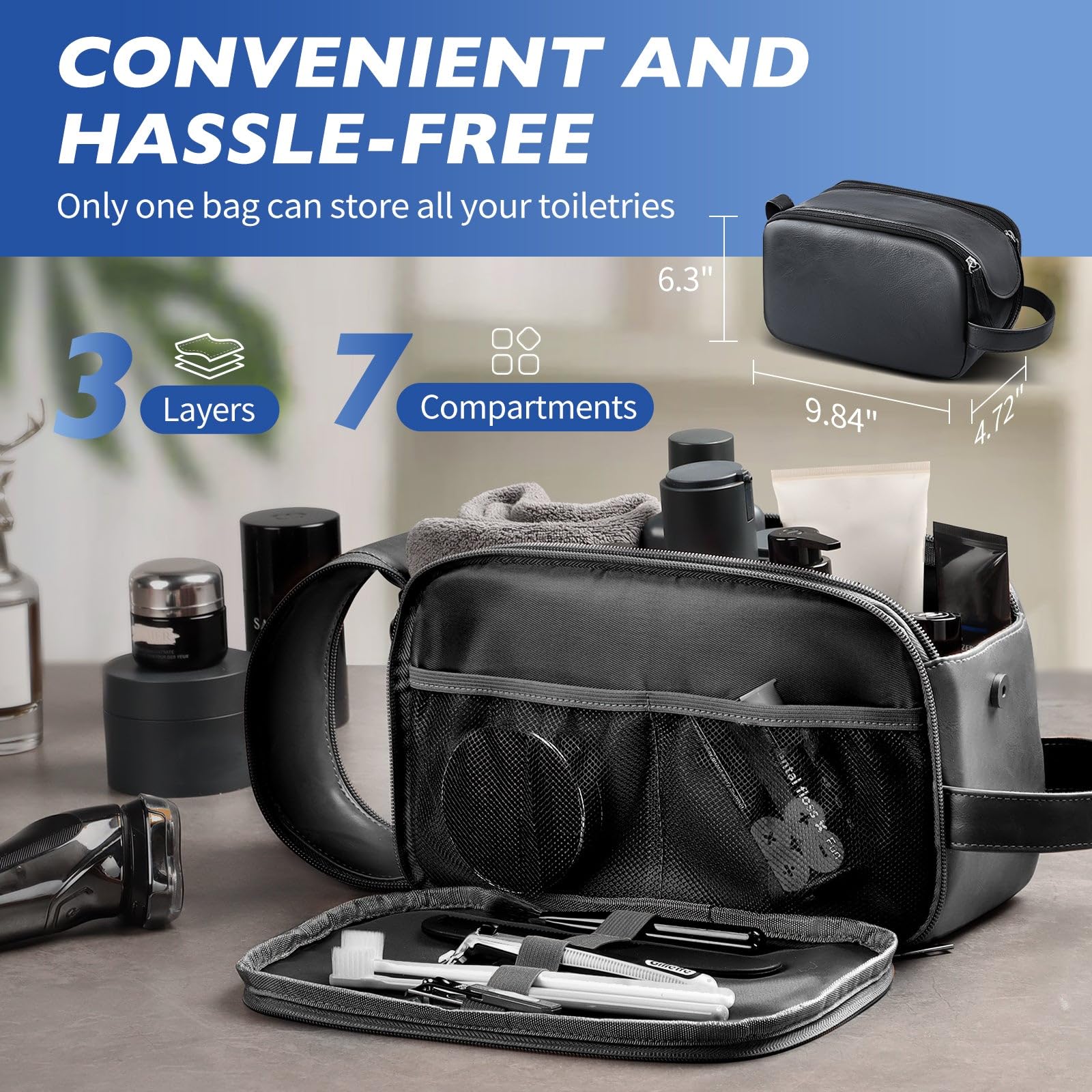 Premium Waterproof Travel Toiletry Bag for Women & Men - Leather Cosmetic Organizer with Handle, Compact Toiletries Case for Cruise, Business Trips & Vacation Essentials (Black, Medium Size) - Perfect for Airplane Carry-on, Gym & Weekend Getaways