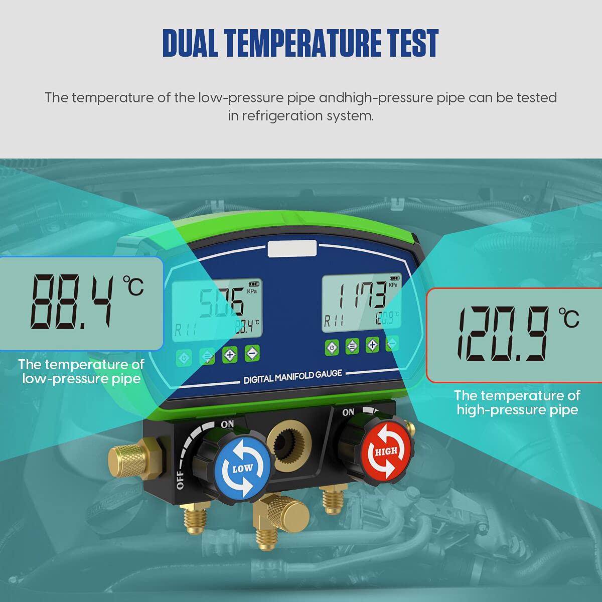 Digital Manifold Dual Gauge Set HVAC - Professional Refrigeration Vacuum Pressure Temperature Leakage Tester with 3 Modes for 90+ Refrigerants - Ideal for HVAC Technicians, AC Repair & Refrigerant Charging
