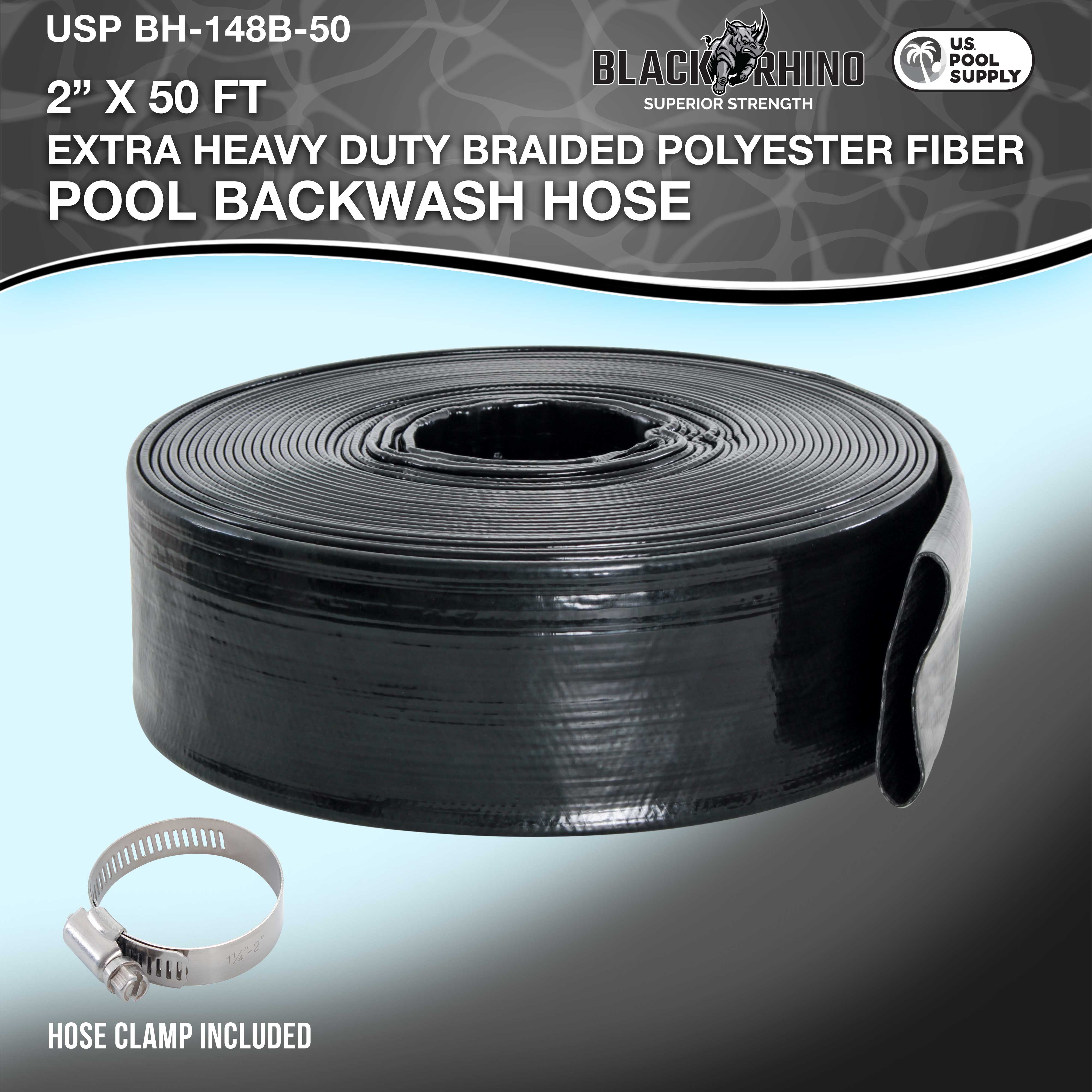 U.S. Pool Supply® Black Rhino 2-Pack 50' Heavy Duty Backwash Hose with Hose Clamp - 1.2mm Thick Weather-Resistant Pool Maintenance Hose for Inground & Above Ground Pools
