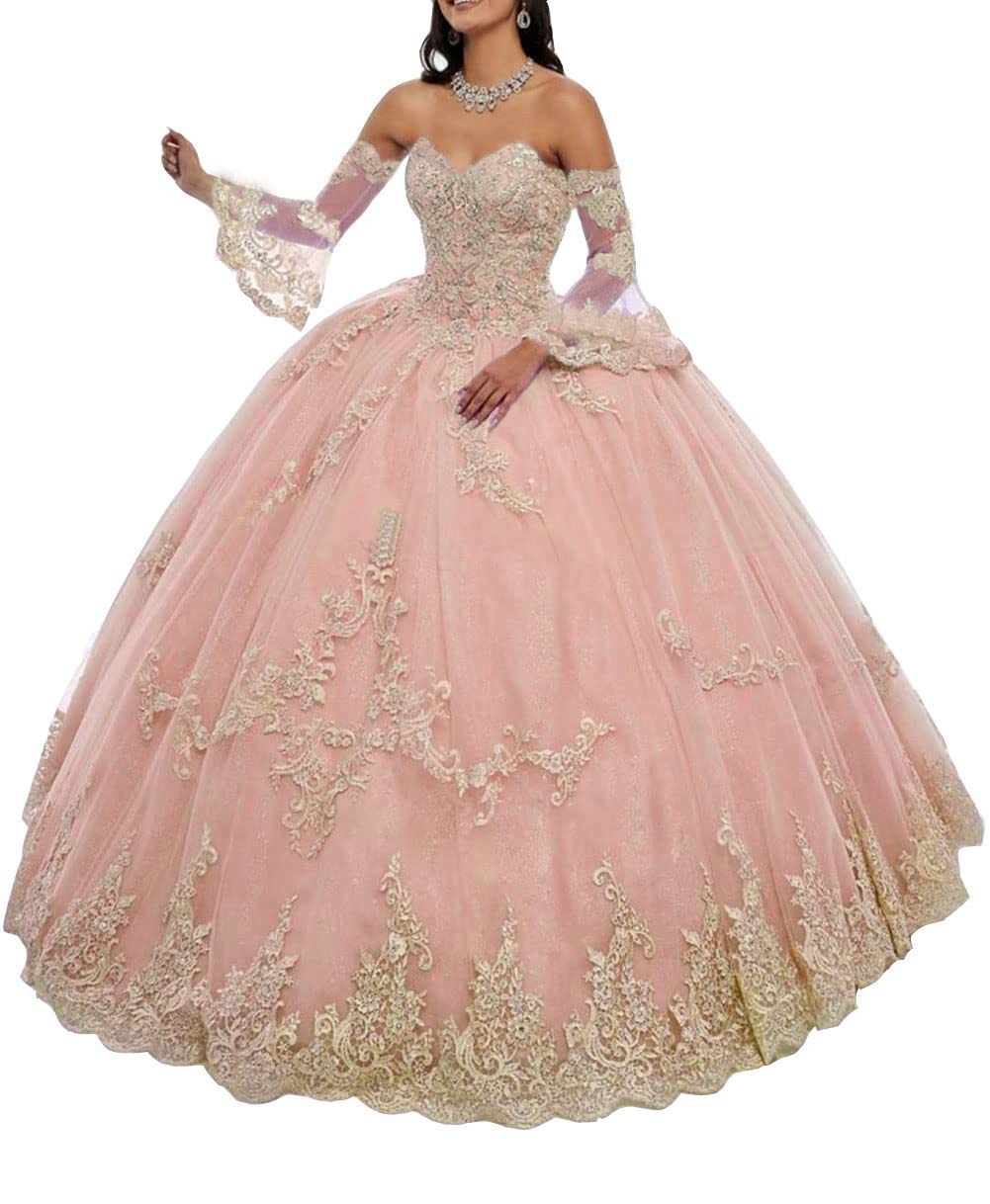 Emanni Women's Sweetheart Neckline Long Sleeve Quinceanera Dress with Lace Appliques & Beading - Elegant Ball Gown for Quinceañera, Prom, Wedding & Special Occasions
