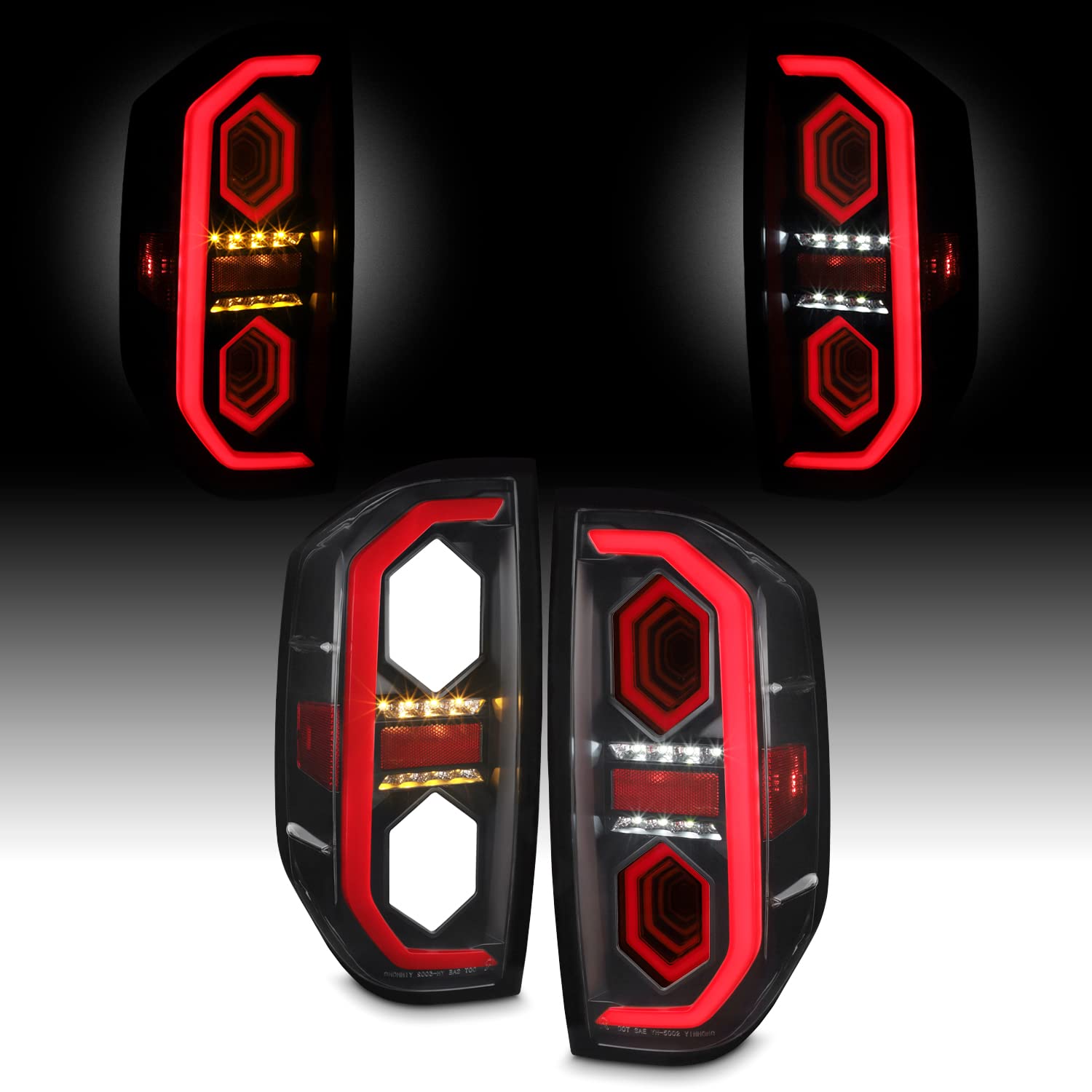 AKKON Full LED Tube Signal Reverse Switchback Mirror 3D Brake Black Tail Lights Pair - Compatible with 2014-2021 Toyota Tundra | Upgrade Your Truck's Style & Safety for Night Driving & Off-Road Adventures