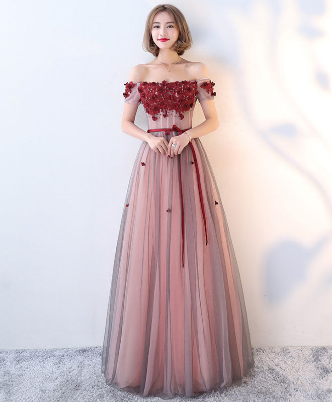 Elegant Burgundy Tulle Lace Long Prom Dress - Formal Evening Gown for Homecoming, Wedding & Special Occasions