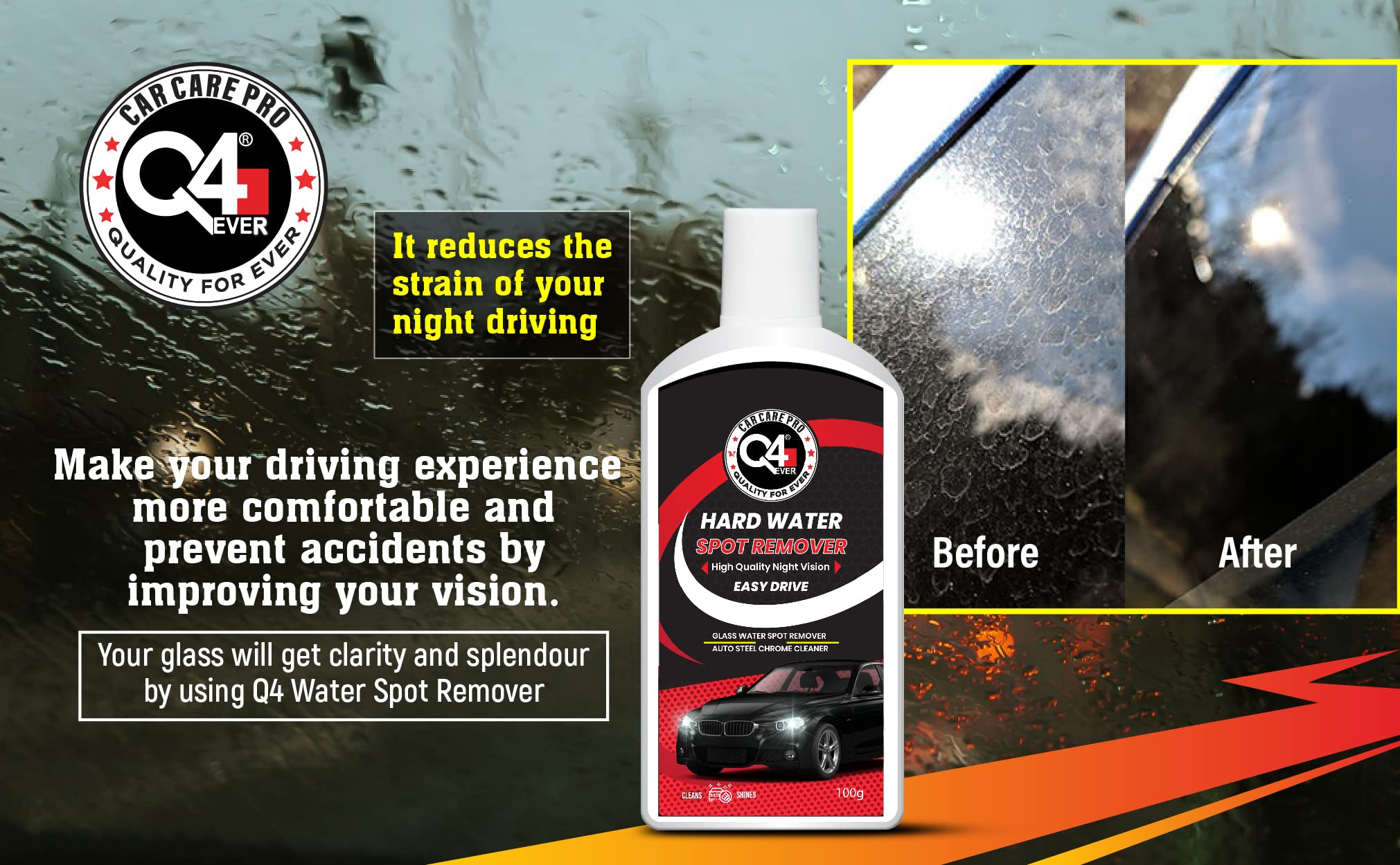 Q4 EVER Auto Care Glass Polish & Hard Water Spot Remover - 100g Cream for Car Windshield, Windows & Mirrors - Restores Clarity, Removes Stains & Mineral Deposits - Perfect for Auto Detailing & Home Glass Cleaning