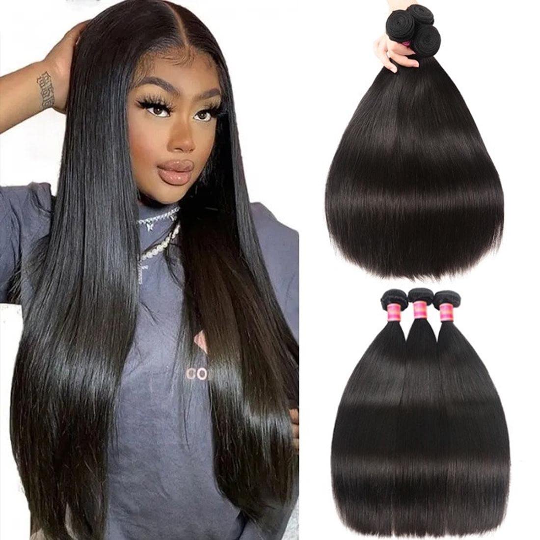 Beauty Forever Hair Brazilian Virgin Straight Hair Weaves - 3 Bundles 100% Unprocessed Human Hair Extensions (20 22 24 Inch) | Natural Color, Can Be Dyed & Bleached | Perfect for Daily Styling, Salon Use & Special Occasions