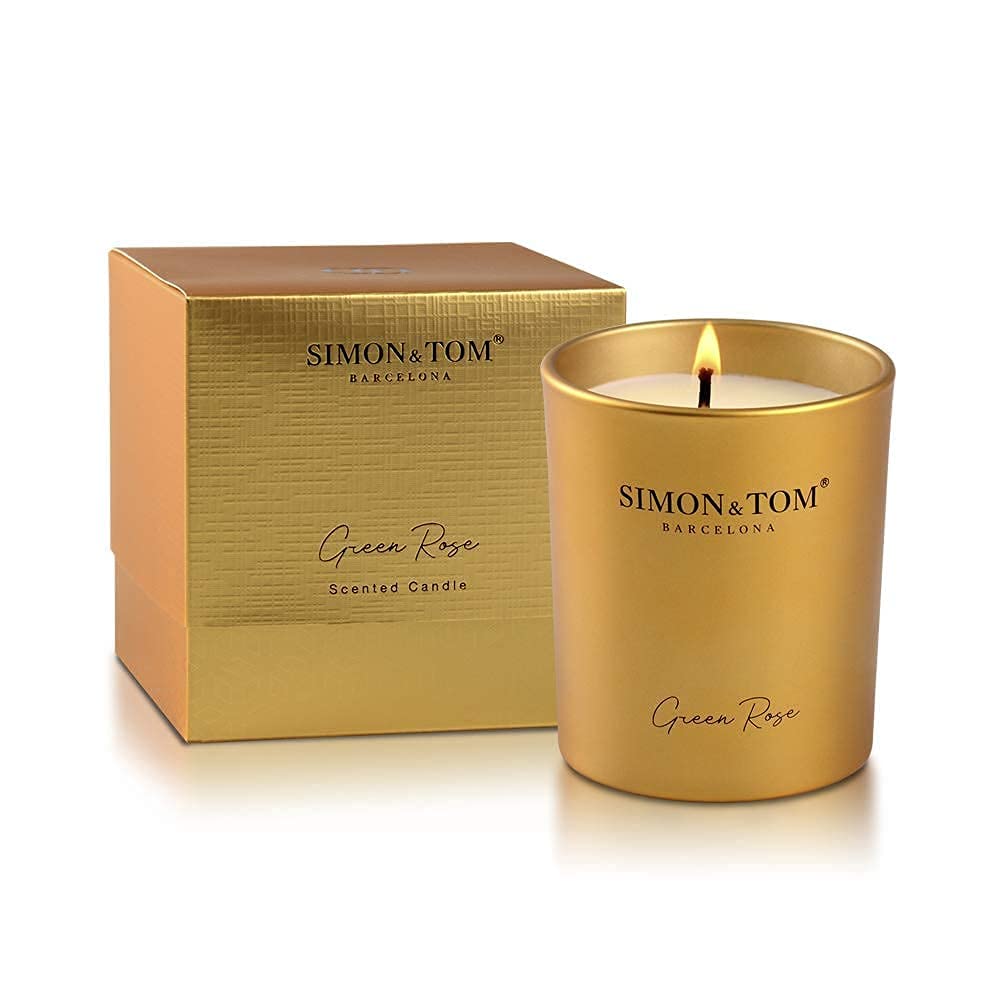 Simon & Tom Highly Scented Premium Green Rose Soy Wax Candle - 10oz, 100-Hour Burn Time, Natural Organic Aromatherapy Candle in Glass Jar with Matte Gold Gift Box - Perfect for Home, Office, Spa, Meditation & Romantic Gifts