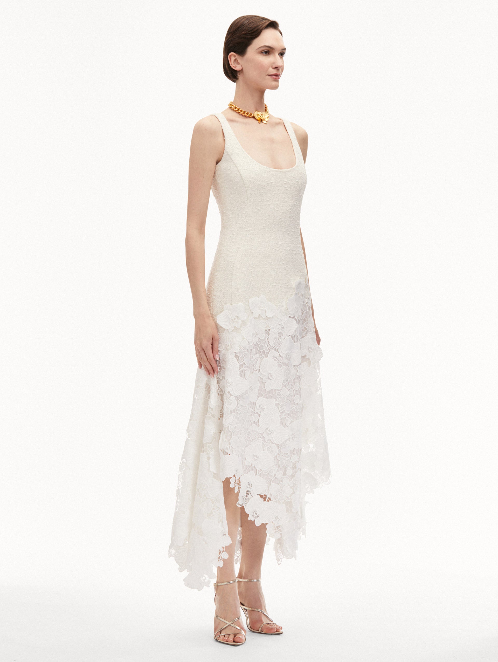Elegant Orchid Guipure & Tweed Sleeveless Dress for Women - Perfect for Cocktail Parties, Weddings & Special Occasions