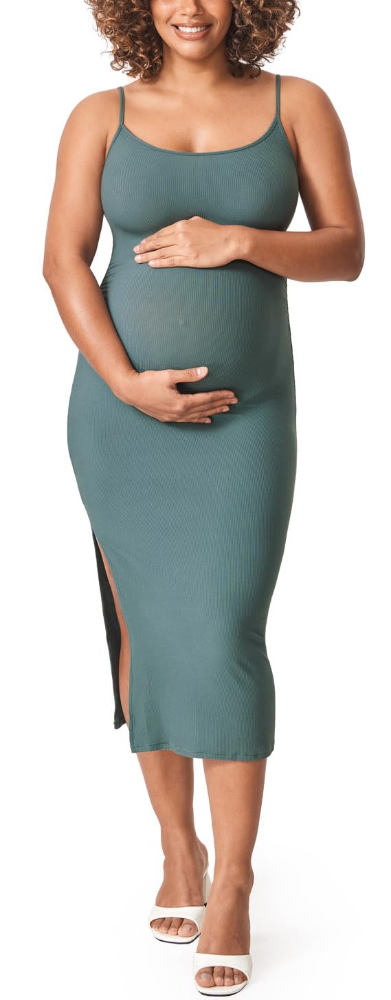 MOMANDA Women's Maternity Dress - Ribbed Spaghetti Strap Bodycon Dress with Square Neck for Pregnancy & Nursing | Perfect for Baby Showers, Maternity Photos & Special Occasions