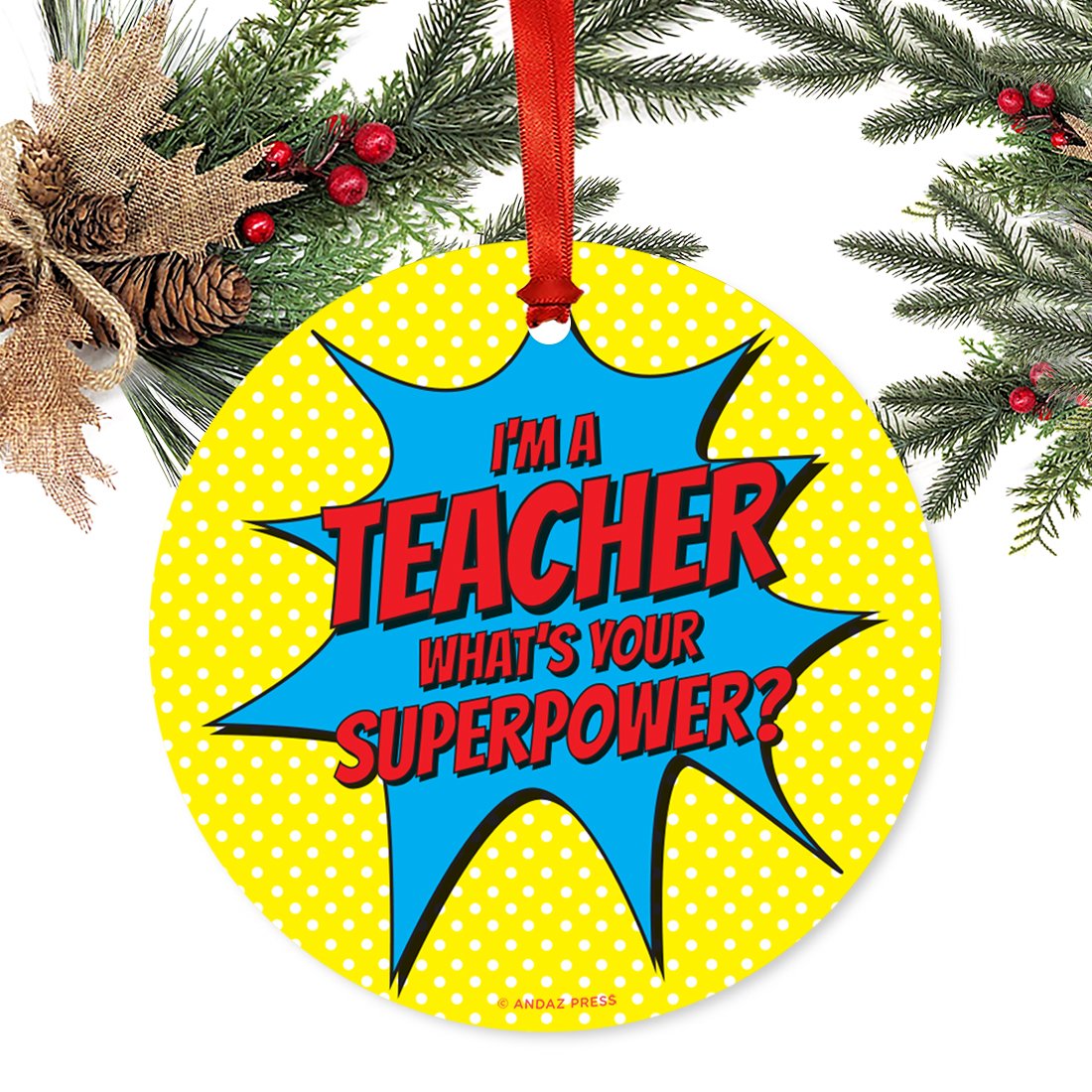 Andaz Press Teacher's Round Metal Christmas Ornament - 