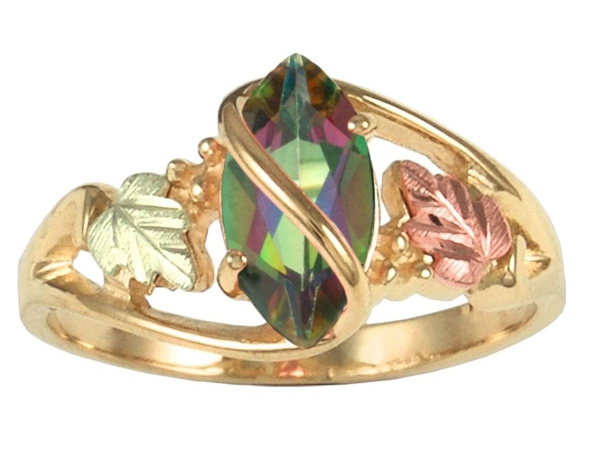 10K Yellow Gold Marquise Mystic Fire Topaz Wrap Ring with 12K Rose & Green Gold Black Hills Gold Accents - Elegant Jewelry for Weddings, Anniversaries & Special Occasions