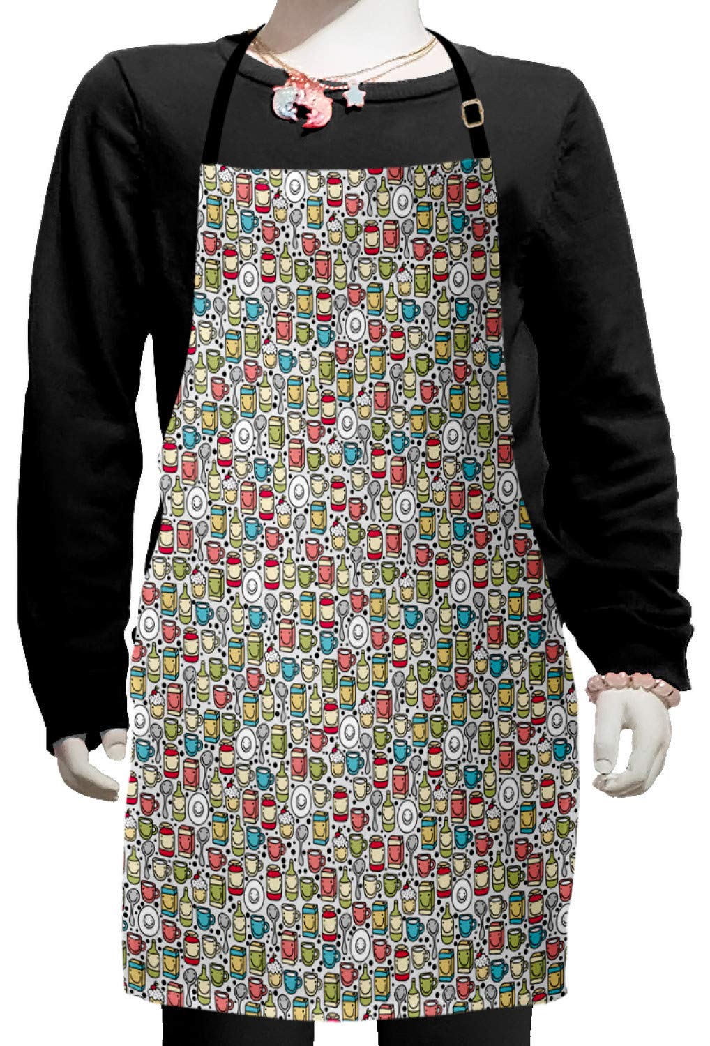 Ambesonne Funny Cartoon Apron - Coffee Mugs & Milk Bottles Design with Smiling Faces - Adjustable Bib Apron for Baking, Painting, Cooking - Small Size Multicolor Kitchen Apron - Perfect for Home Chefs, Baristas & DIY Crafters