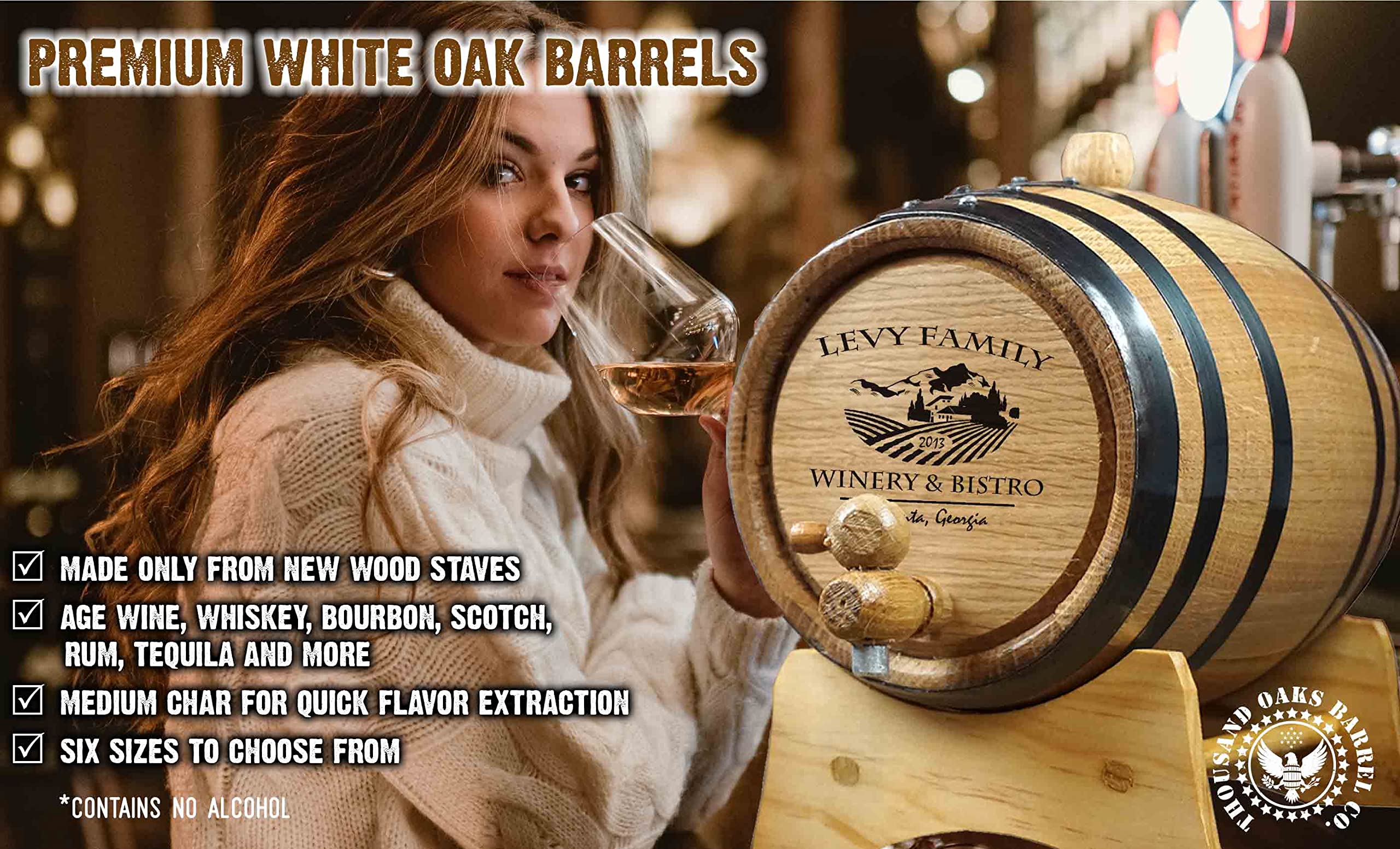 Personalized 1 Gallon Oak Wine Barrel (5 Liter) with Stand, Bung, and Spigot - Age Cocktails, Wine, Mead, Whiskey & Liquor - Laser Engraved Vineyard Bistro Design - Perfect for Home Bars, Weddings & Gifts (B314)