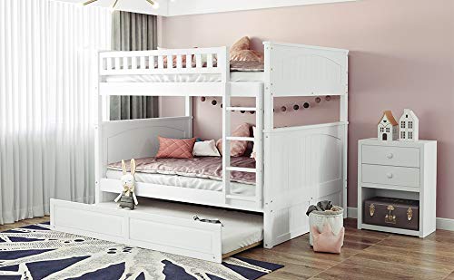 JULYFOX White Full Over Full Bunk Bed Frame with Twin Trundle - Solid Hardwood Platform Bed with Ladder, No Box Spring Needed - Space Saving Bunk Bed for Kids, Teens & Small Rooms - Perfect for Dormitories, Guest Rooms & Vacation Homes