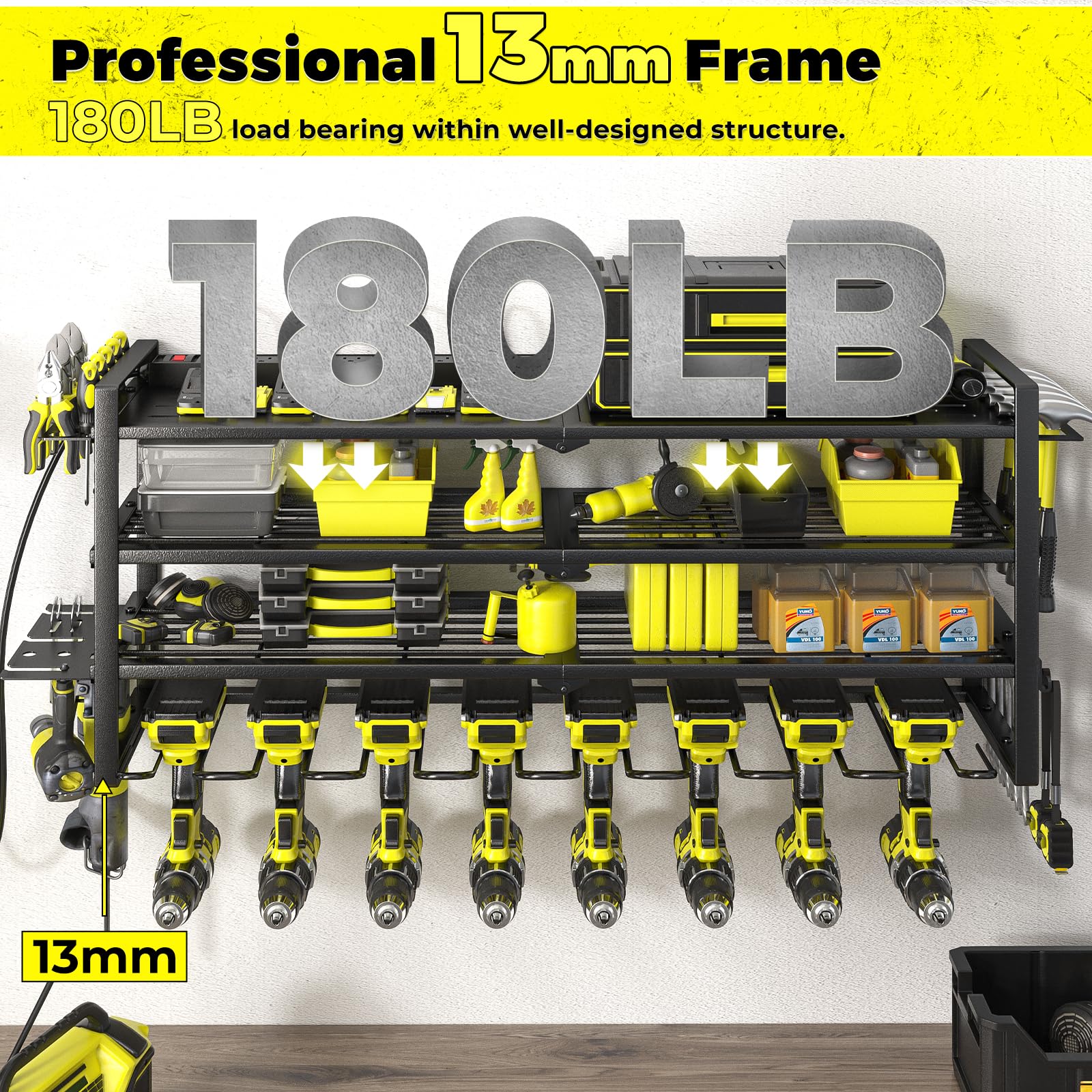 KAFAHOM Power Tool Organizer with Charging Station - 8 Drill Holder Wall Mount with Built-in 8 Outlet Power Strip, Tool Storage Shelf & Battery Organizer for Screwdrivers, Hammers & Air Tools | Perfect for Garage, Workshop & DIY Projects
