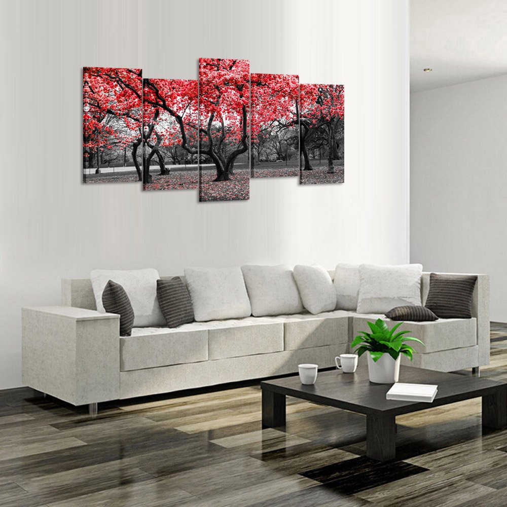 Modern Canvas Wall Art - 5 Piece Black White & Red Tree Landscape Giclee Print Painting for Home Decor | Extra Large 80x40 Inch | Perfect for Living Room, Bedroom & Office Wall Decoration