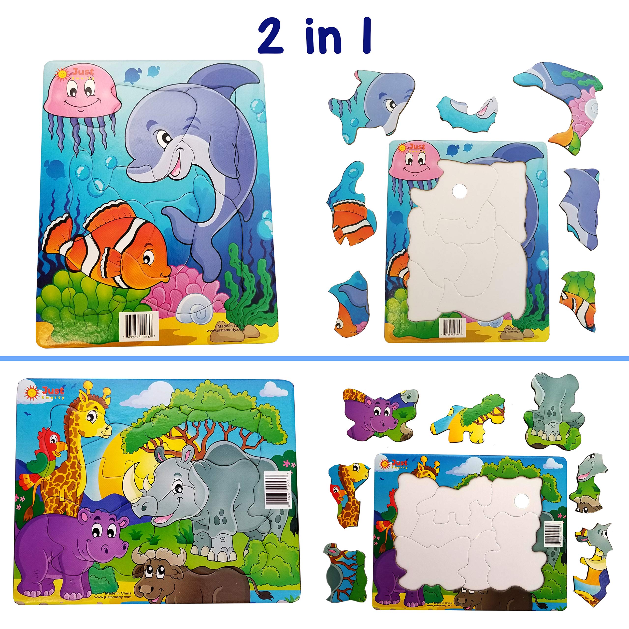 Just Smarty Toddler Puzzles Set of 2 - Ocean & Zoo Shapes for Kids 2-4 | Preschool Learning Games for Classroom & Home Play