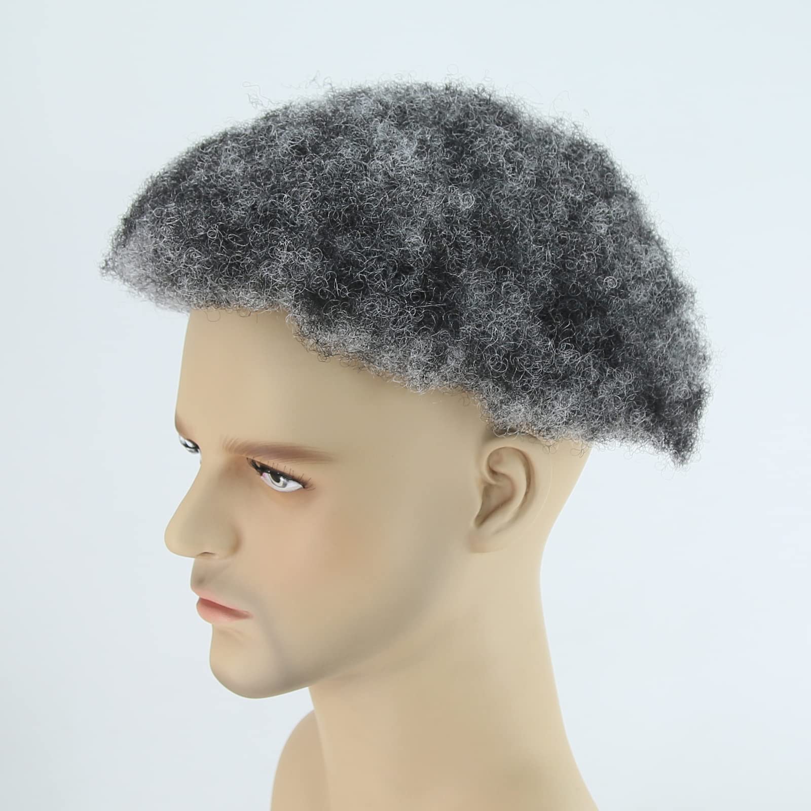 Men's Afro Toupee Wig 1B Mix 50% Grey - Human Hair Short Curly Afro Hairpiece with Mono & PU Base (8x10 Inch) - Perfect for Black Men's Hair Systems, Daily Wear & Special Occasions