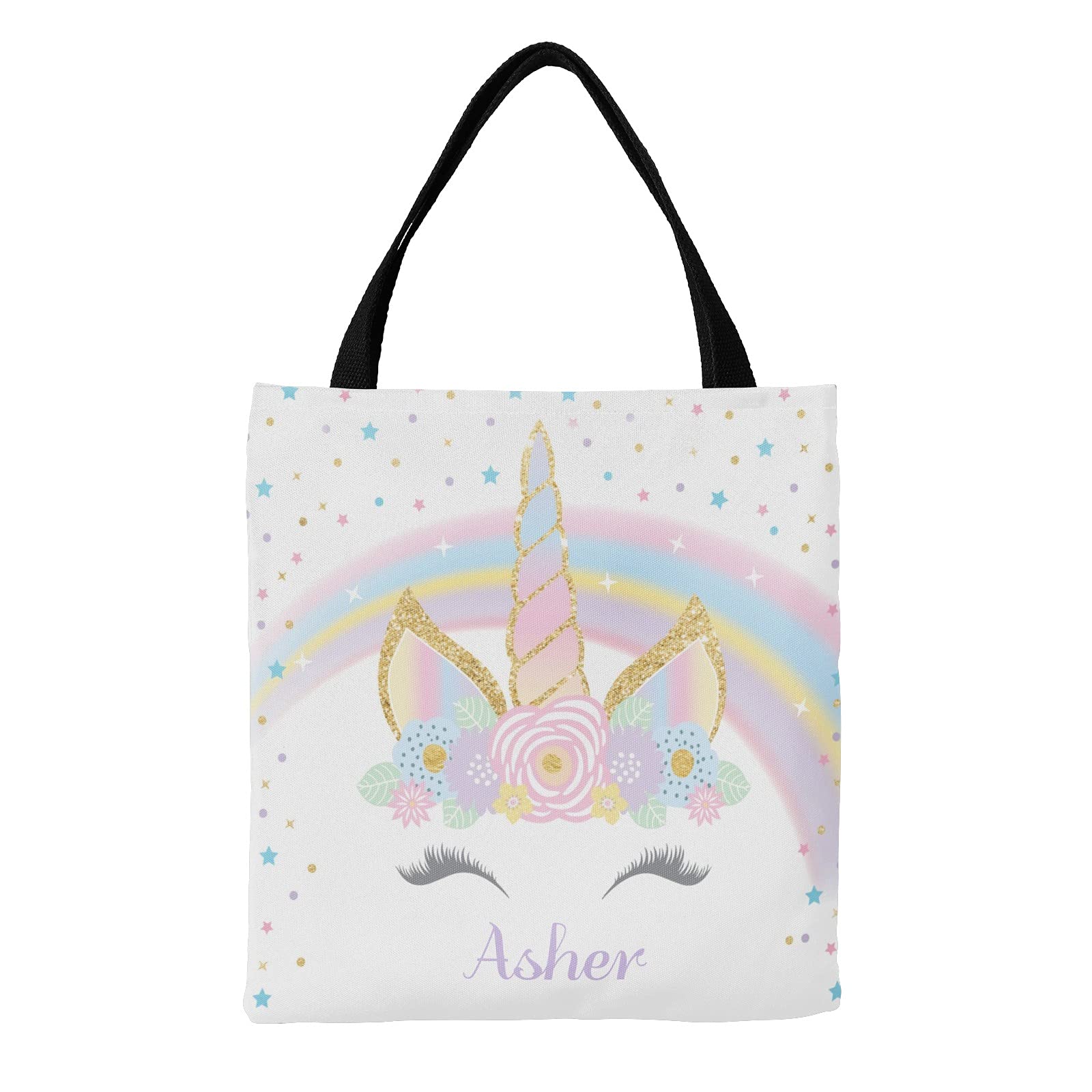 Personalized Unicorn Rainbow Stars Canvas Tote Bag for Women & Kids - Reusable Shopping, Travel, School Handbag Gift - 14.17x14.57 Inch - Perfect for Grocery, Beach, Work & Daily Use