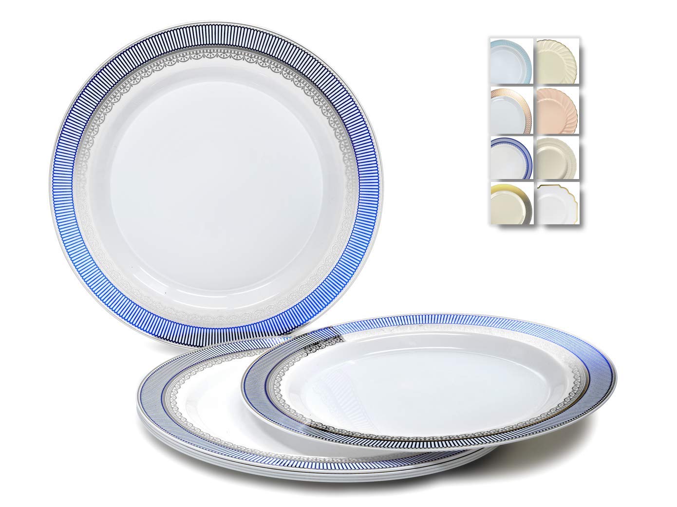 60-Pack Heavyweight Disposable Plastic Plates for Weddings & Parties - 7.5'' Appetizer/Dessert Plates in Louvre White/Blue & Silver - Perfect for Catering, Birthday Celebrations & Formal Events
