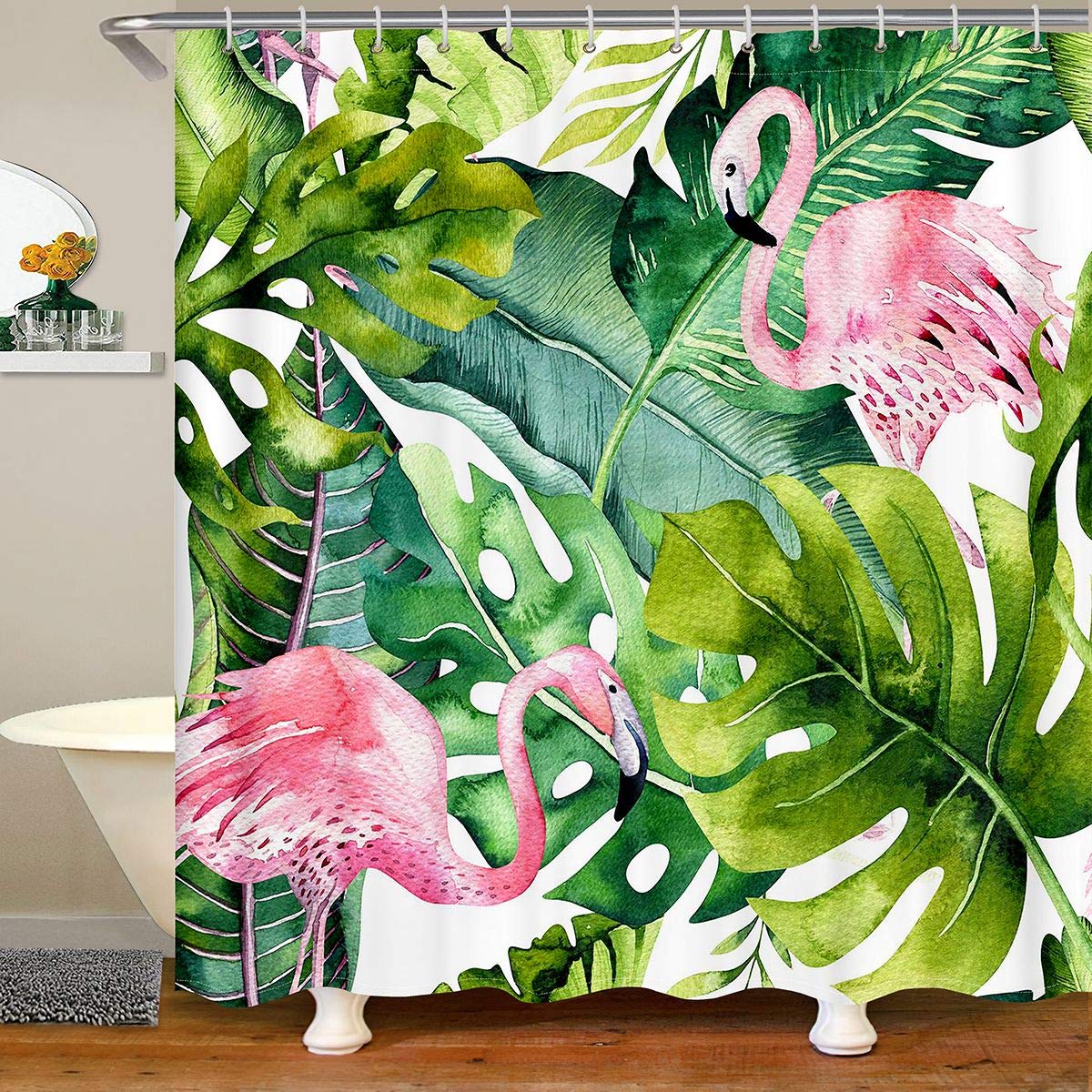 Feelyou Flamingo Shower Curtain - Tropical Flamingo & Palm Leaf Design, Waterproof Bathroom Decor for Kids & Adults, 72x72 Inches - Perfect for Beach-Themed Bathrooms, Hawaiian Style Home Decor