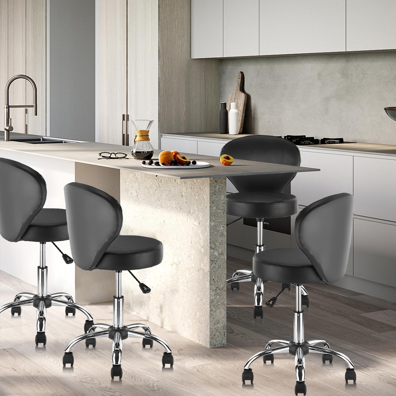 2 Pack Adjustable Hydraulic Salon Stool Chair - PVC Faux Leather Rolling Swivel Stool with Wheels, Lumbar Support, 22