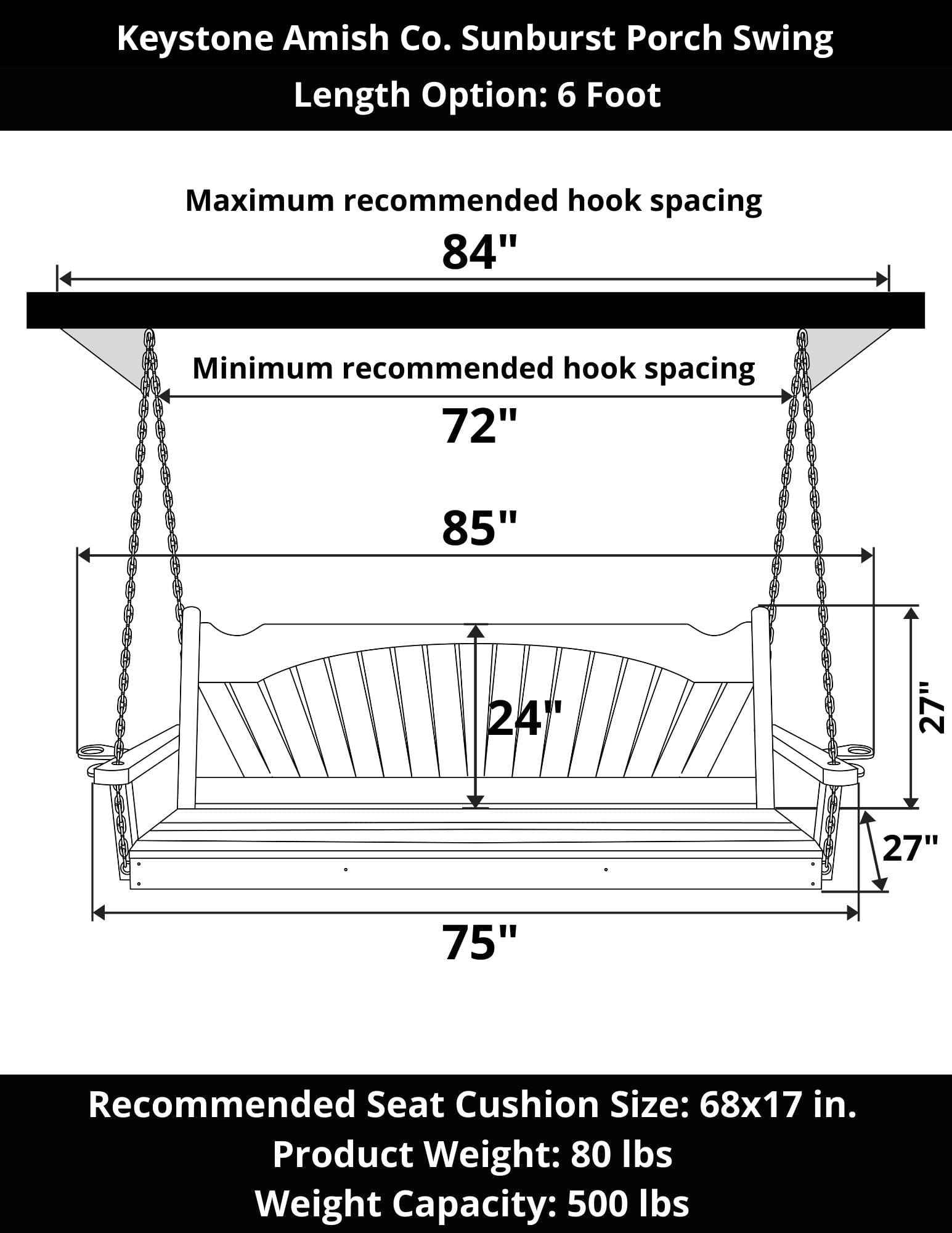 Keystone Amish Co. 5 Foot Unfinished Sunburst Porch Swing - Perfect for Outdoor Relaxation in Gardens, Patios & Backyards