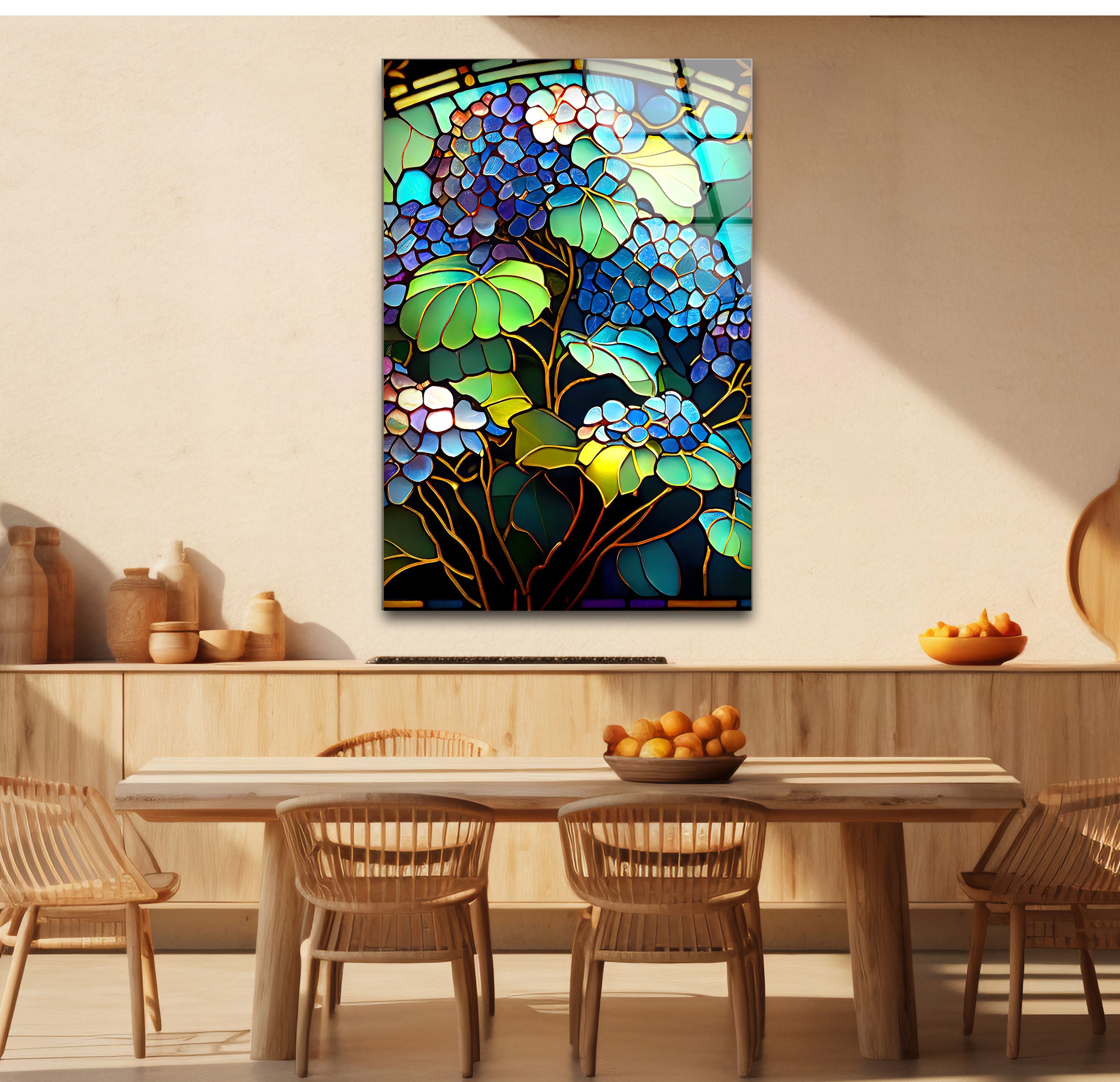 Blue Hydrangea Stained Glass Wall Art - Vertical Floral Glass Print for Home Decor, Church, Wedding & Office | Handmade Glass Painting Gift for Women