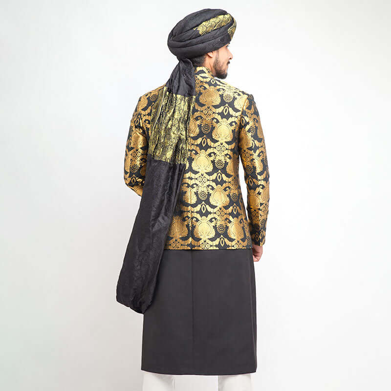 Elegant Black and Gold Jamavar Sherwani Set for Men | Traditional Indian Wedding Outfit | Perfect for Groom, Groomsmen & Special Occasions