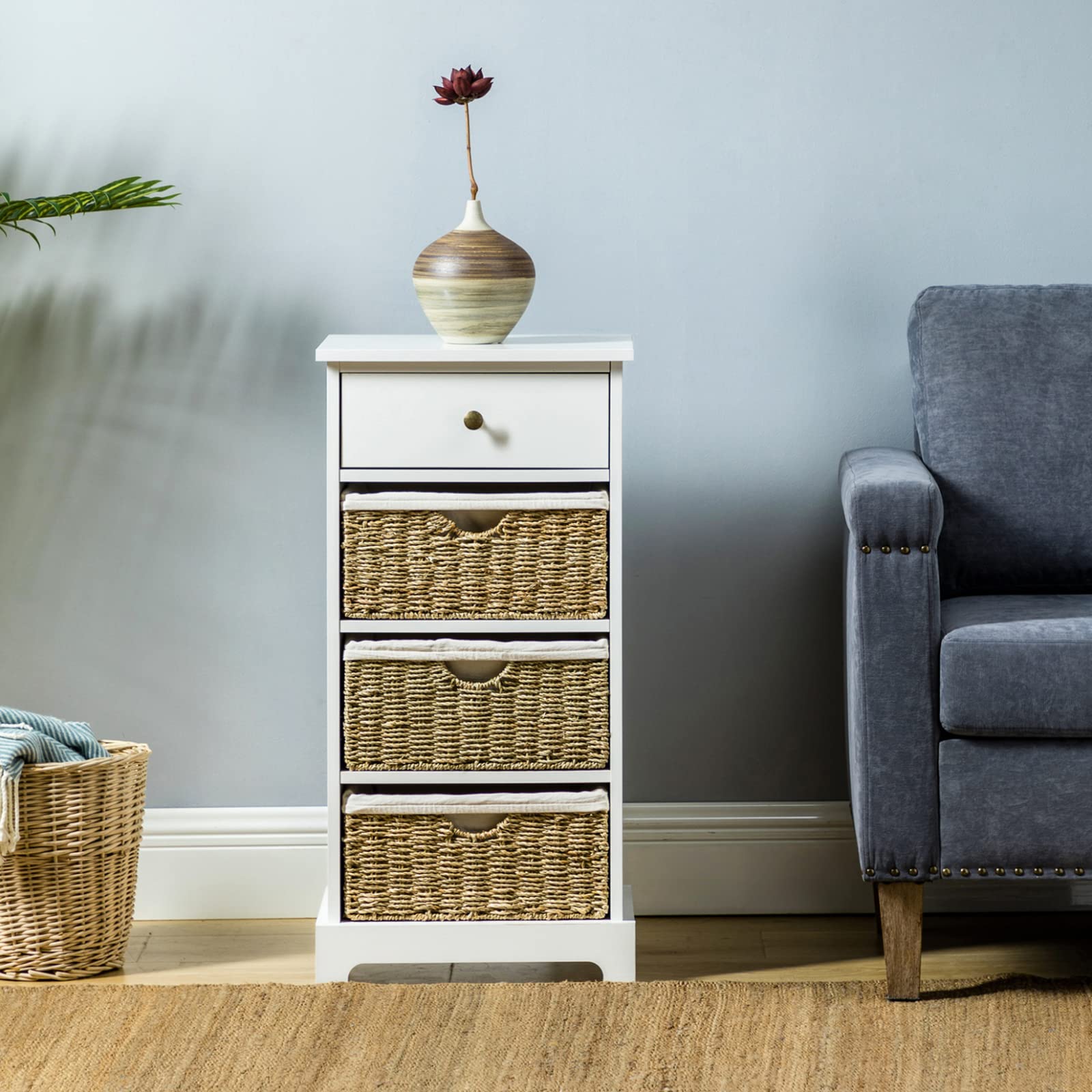 4-Drawer Farmhouse Accent Chest with Removable Woven Baskets - Wooden Storage Cabinet, Nightstand & Side Table for Bedroom, Living Room, Office, Hallway - White | Rustic Home Decor & Organization Solution for Small Spaces