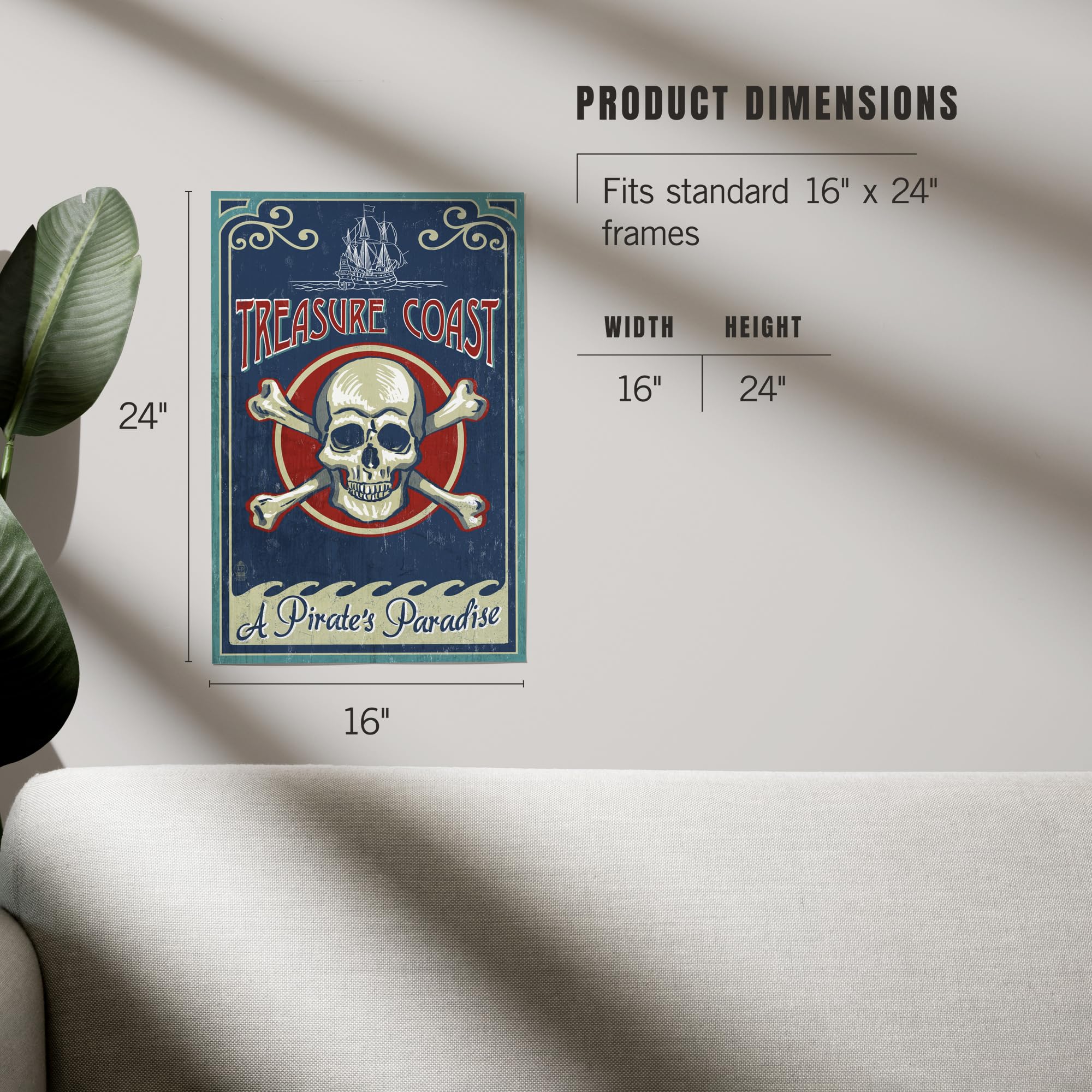 Lantern Press 16x24 Inch Giclee Art Print - Treasure Cove Florida Pirate Skull and Crossbones Wall Decor - Perfect for Beach House, Nautical Theme Rooms & Pirate Lover Gifts