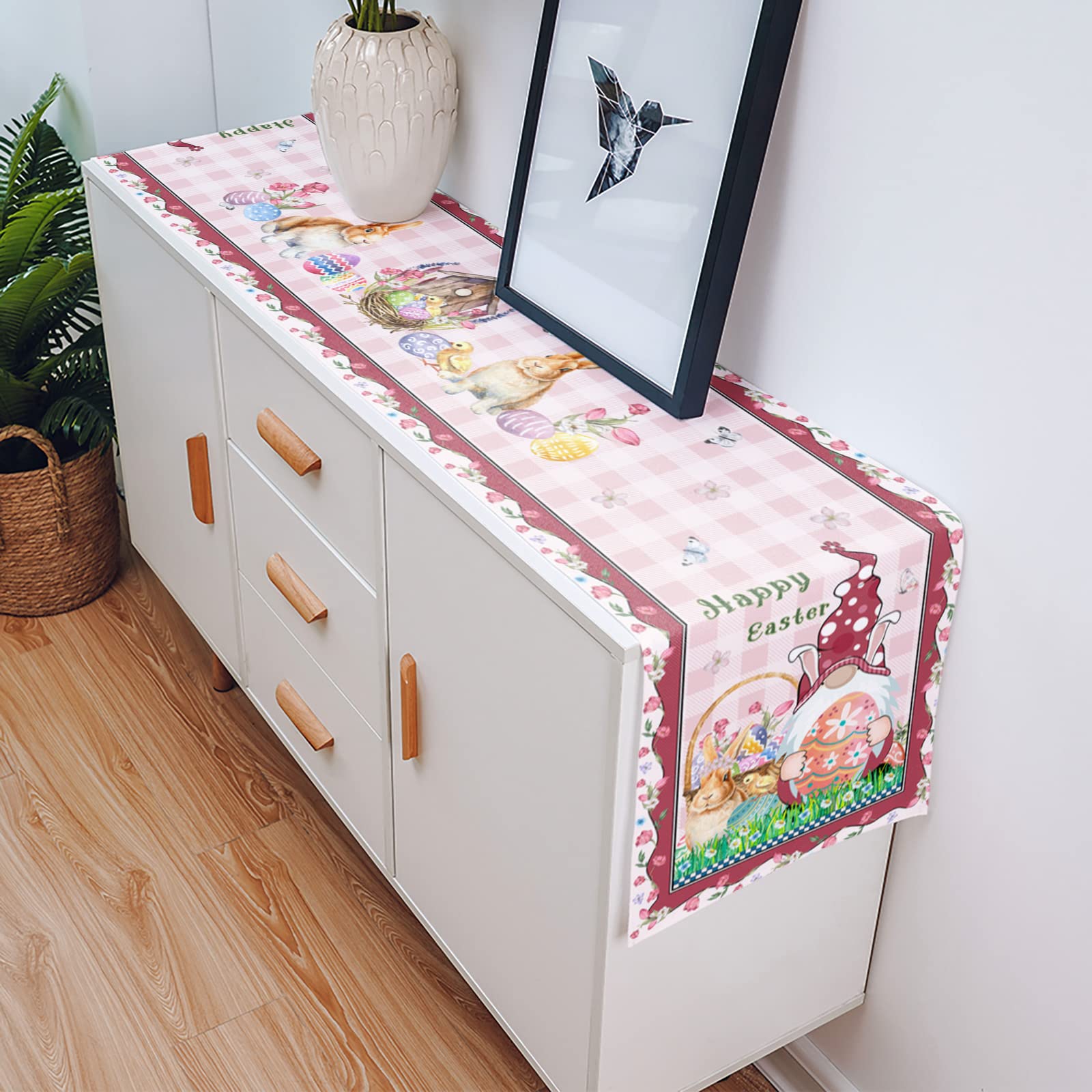 Savannan Easter Table Runner - 13x90 Inch Happy Easter Gnome Bunny Floral Plaid Pink Spring Holiday Decor for Dining Table, Buffet, and Party Decorations